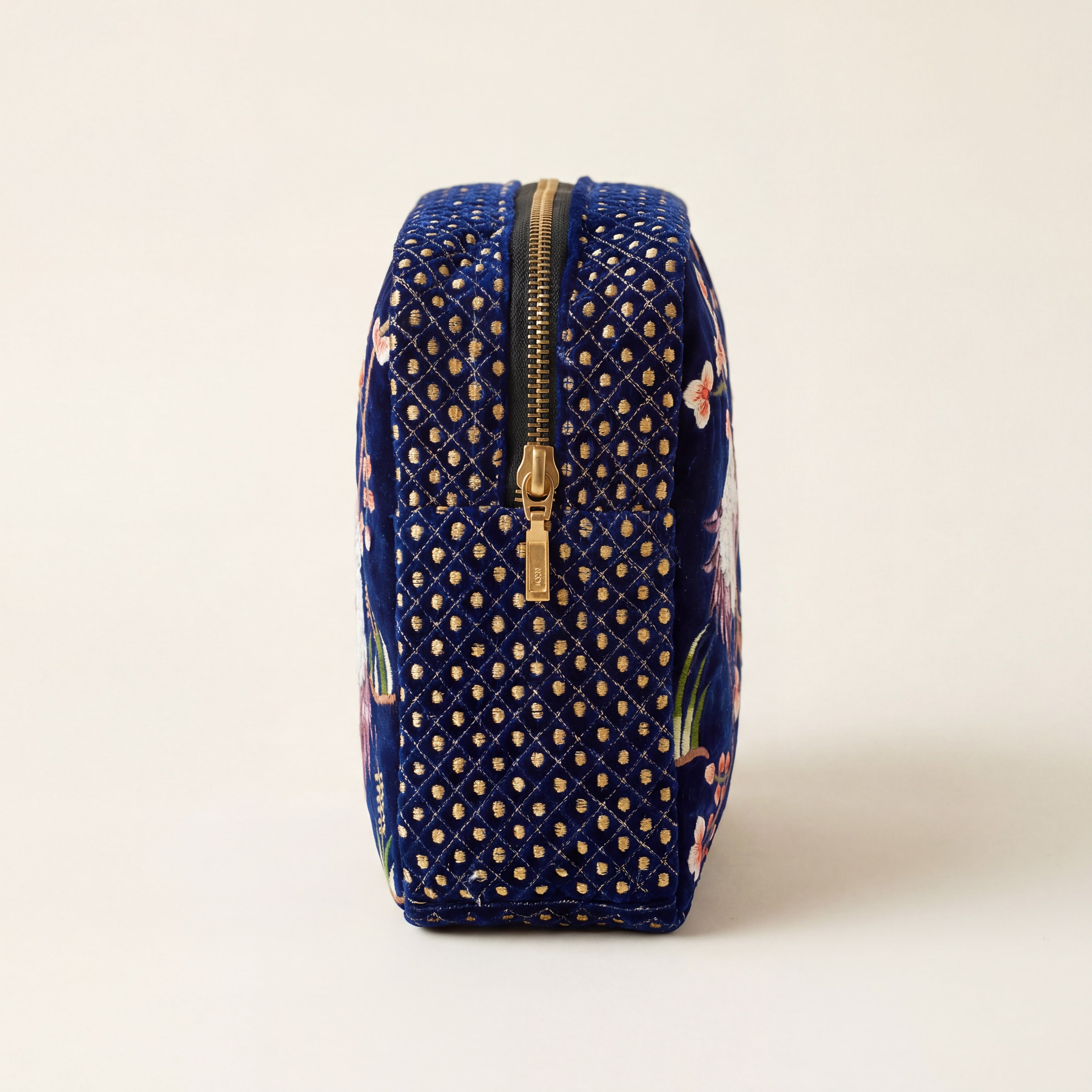 The River Luxe Pouch - Deep Blue - Embroidered Quilted Velvet Pouch