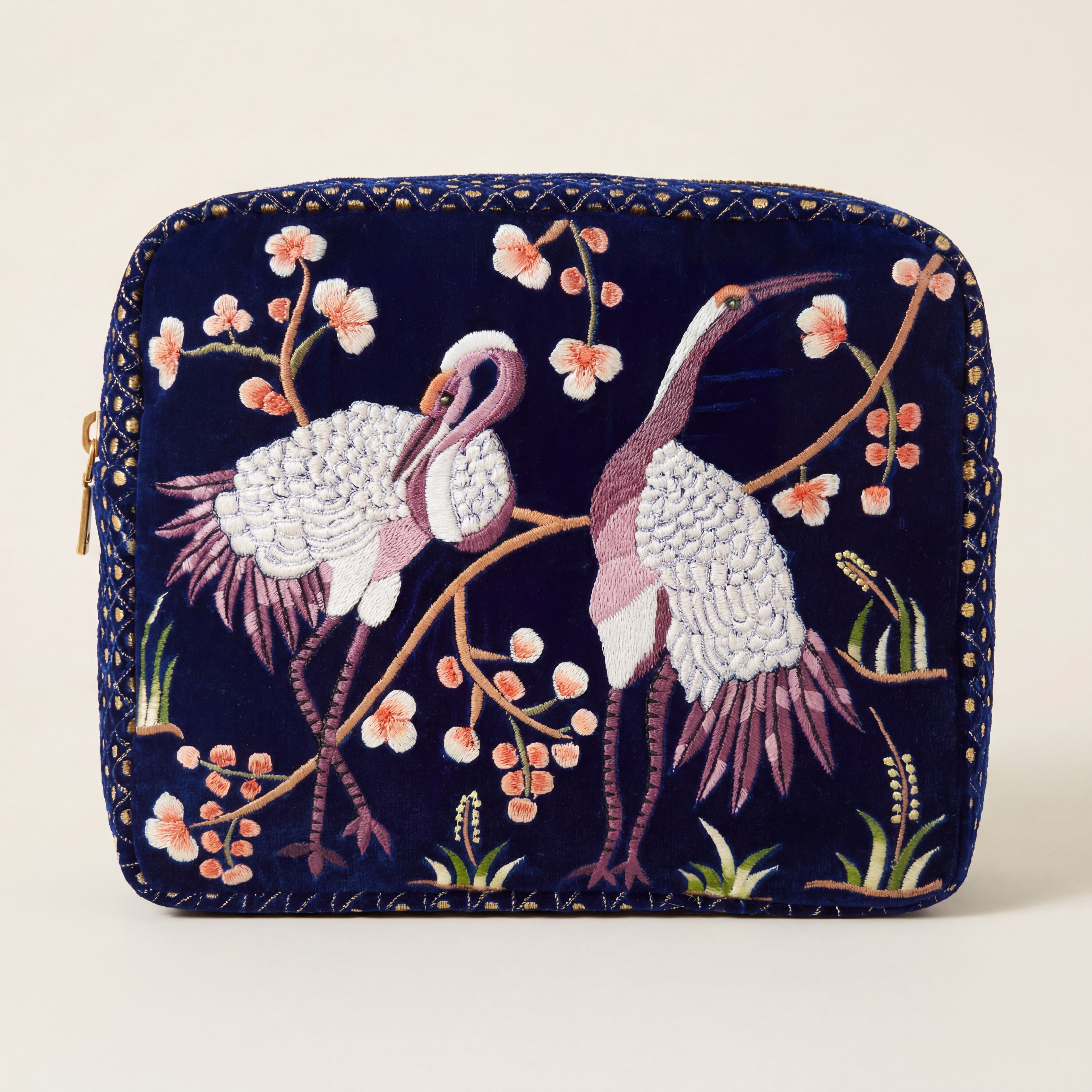 The River Luxe Pouch - Deep Blue - Embroidered Quilted Velvet Pouch