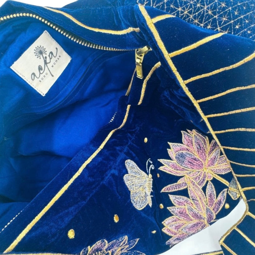 The Marceline Hobo - Inky Blue Embroidered Velvet Bag