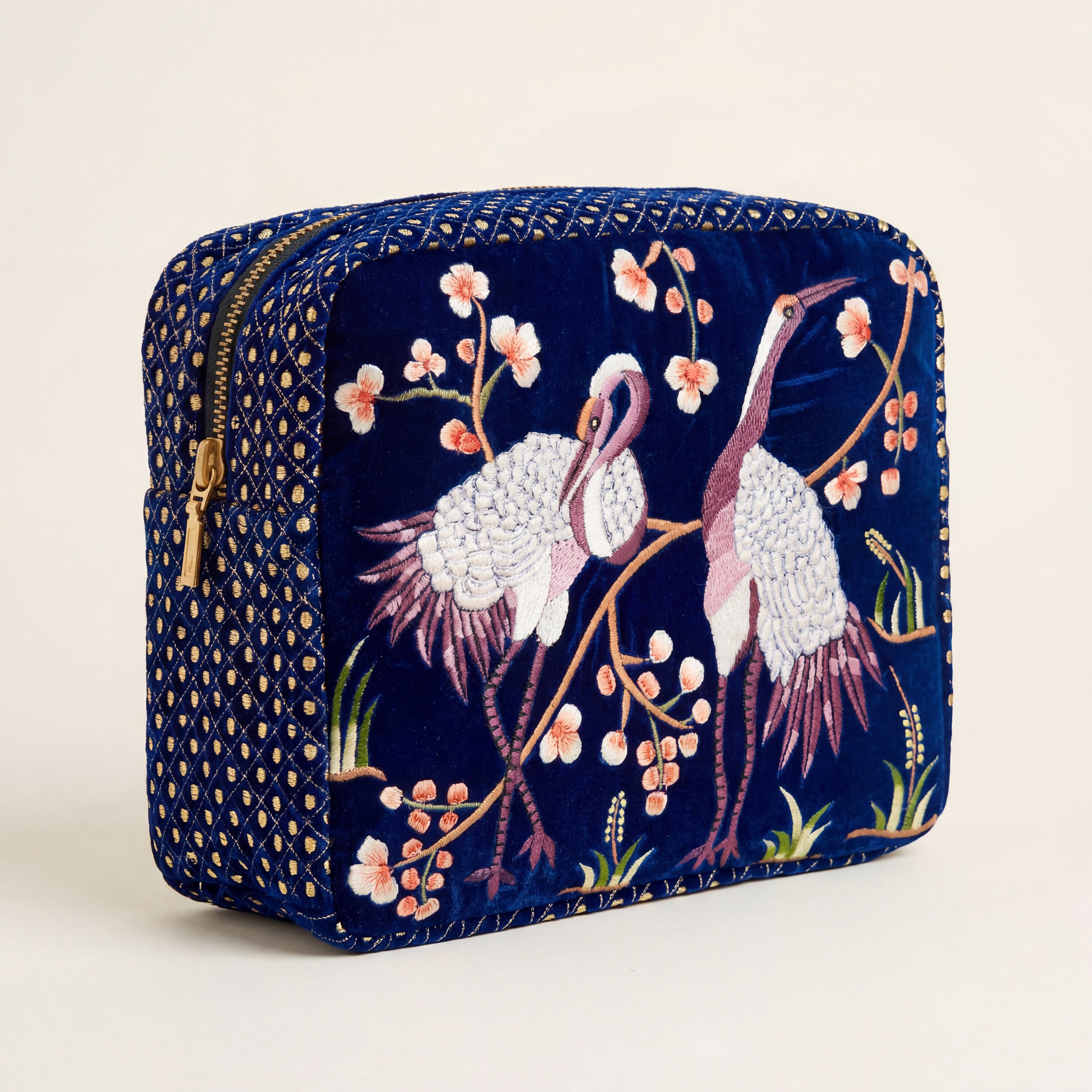 The River Luxe Pouch - Deep Blue - Embroidered Quilted Velvet Pouch