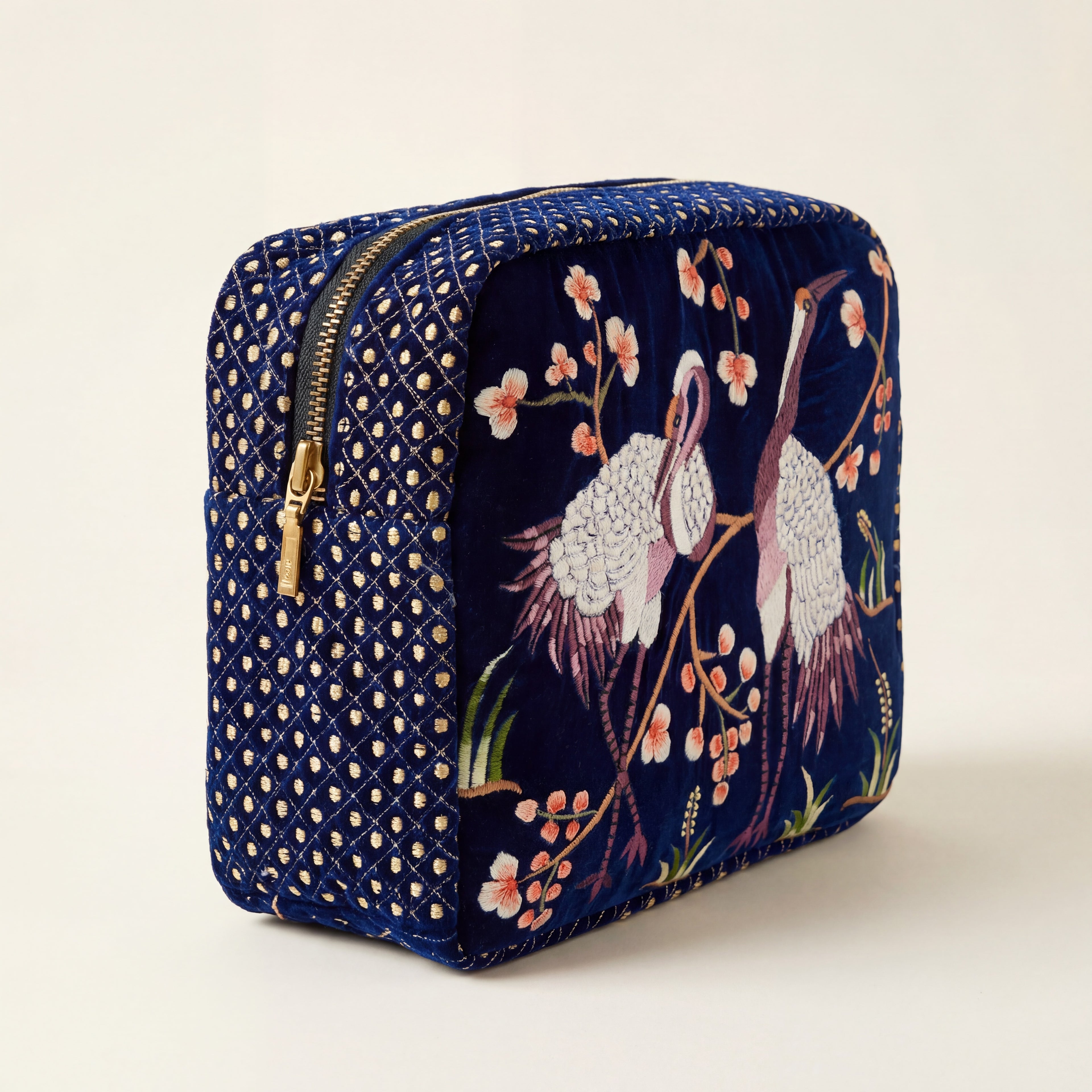 The River Luxe Pouch - Deep Blue - Embroidered Quilted Velvet Pouch