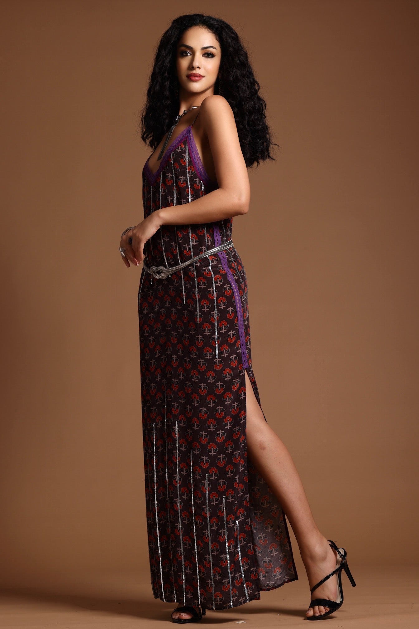 The Uma Long Slip Dress Brown