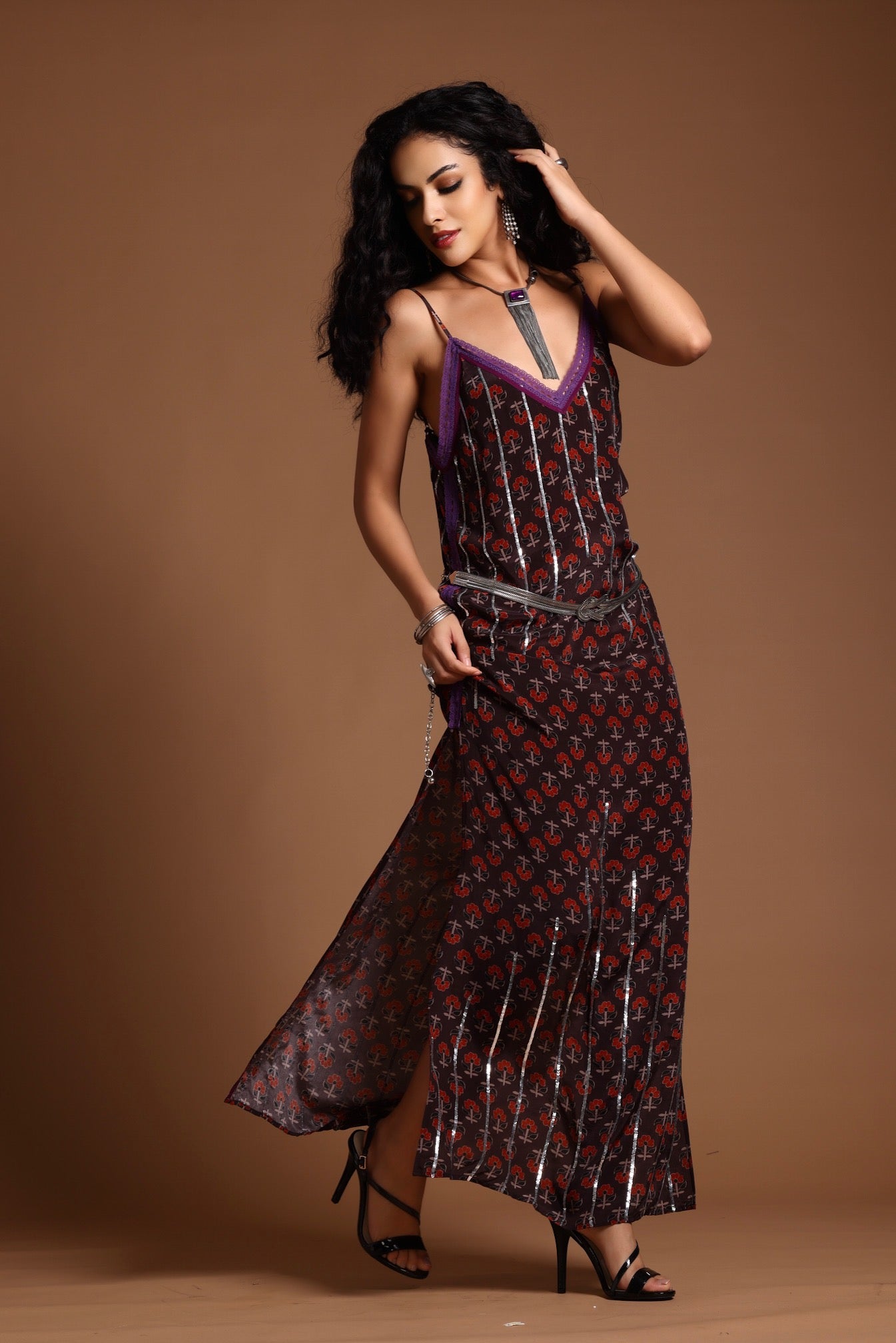 The Uma Long Slip Dress Brown