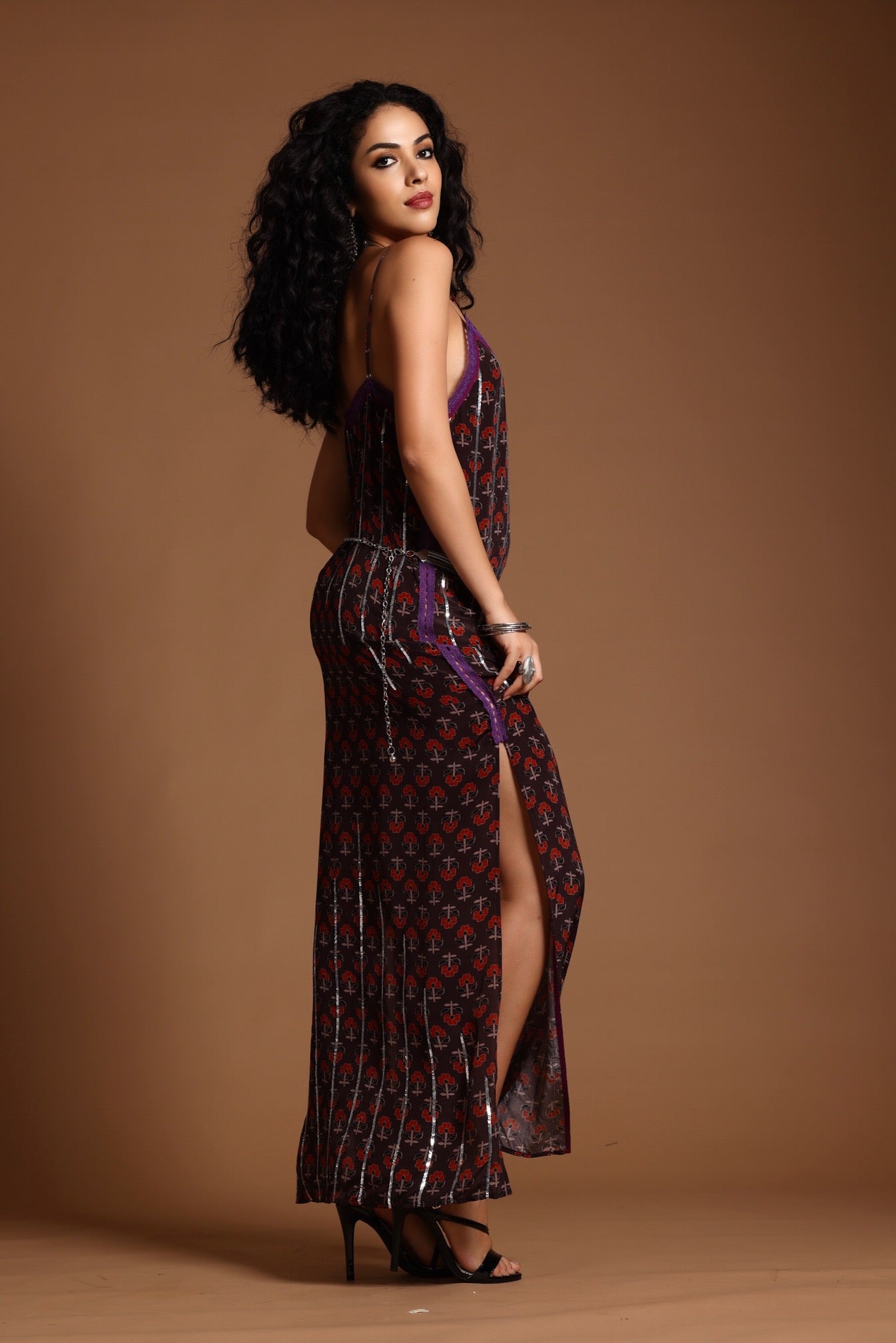 The Uma Long Slip Dress Brown