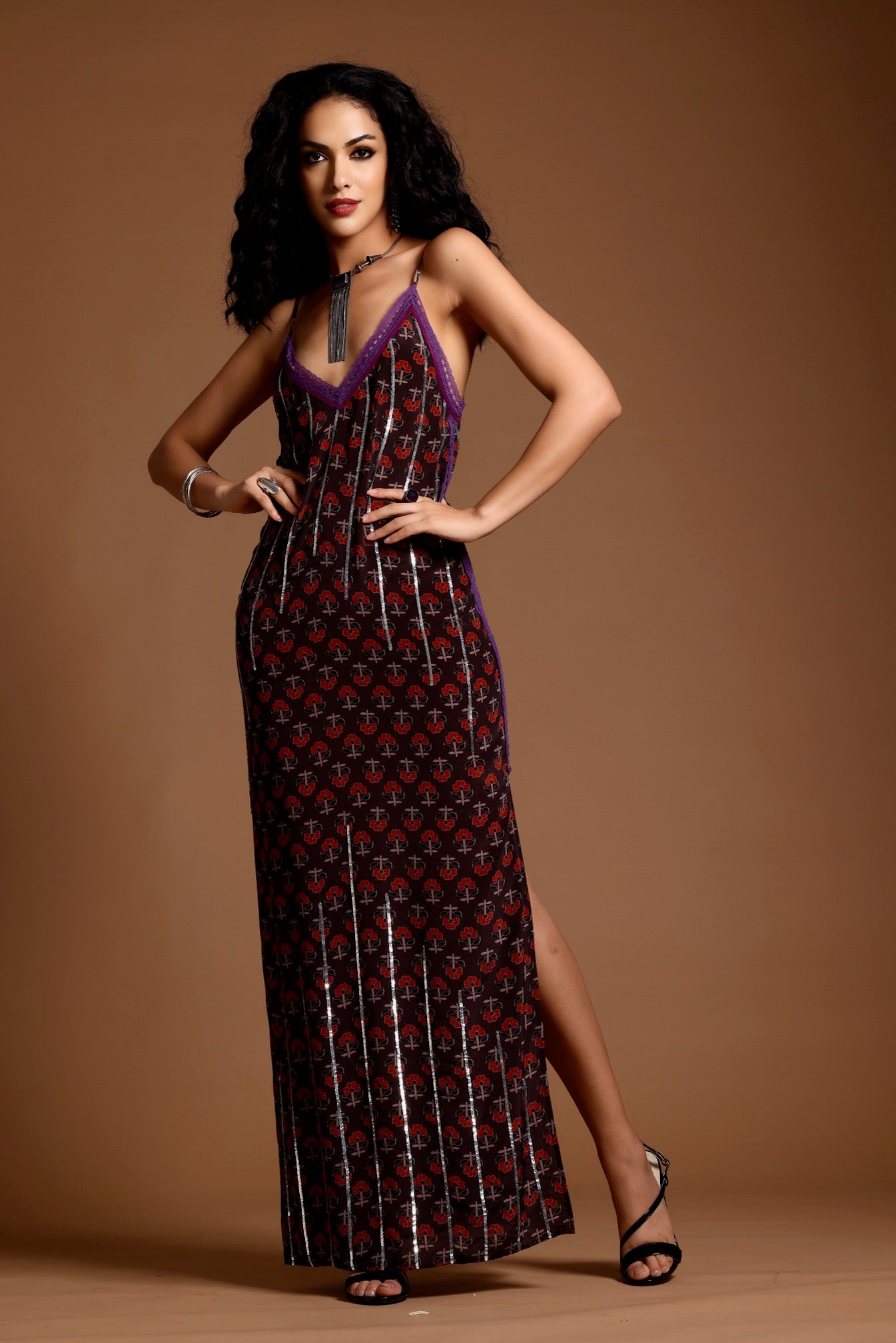 The Uma Long Slip Dress Brown