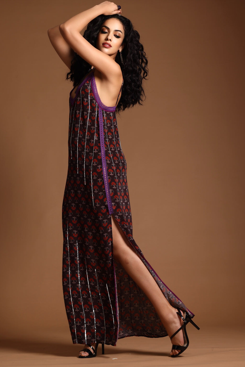 The Uma Long Slip Dress Brown