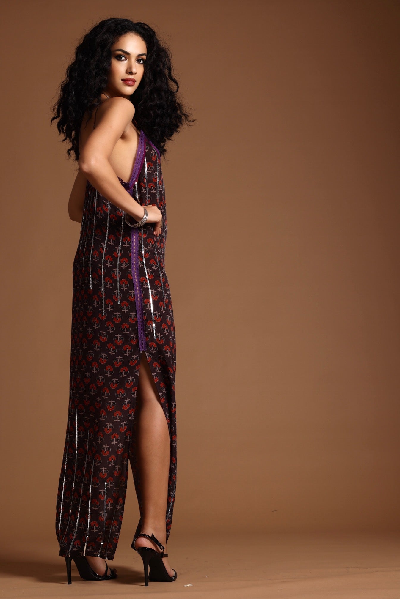 The Uma Long Slip Dress Brown
