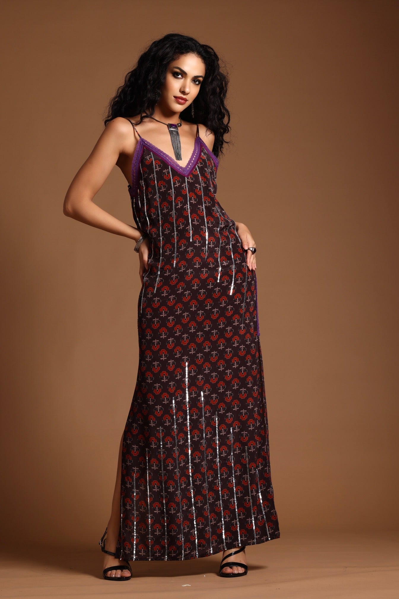 The Uma Long Slip Dress Brown
