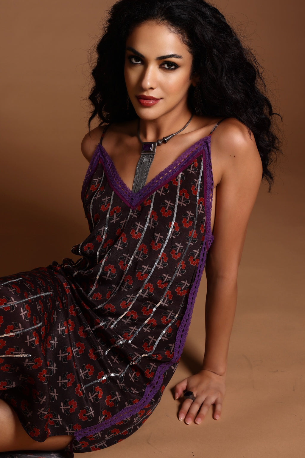 The Uma Long Slip Dress Brown