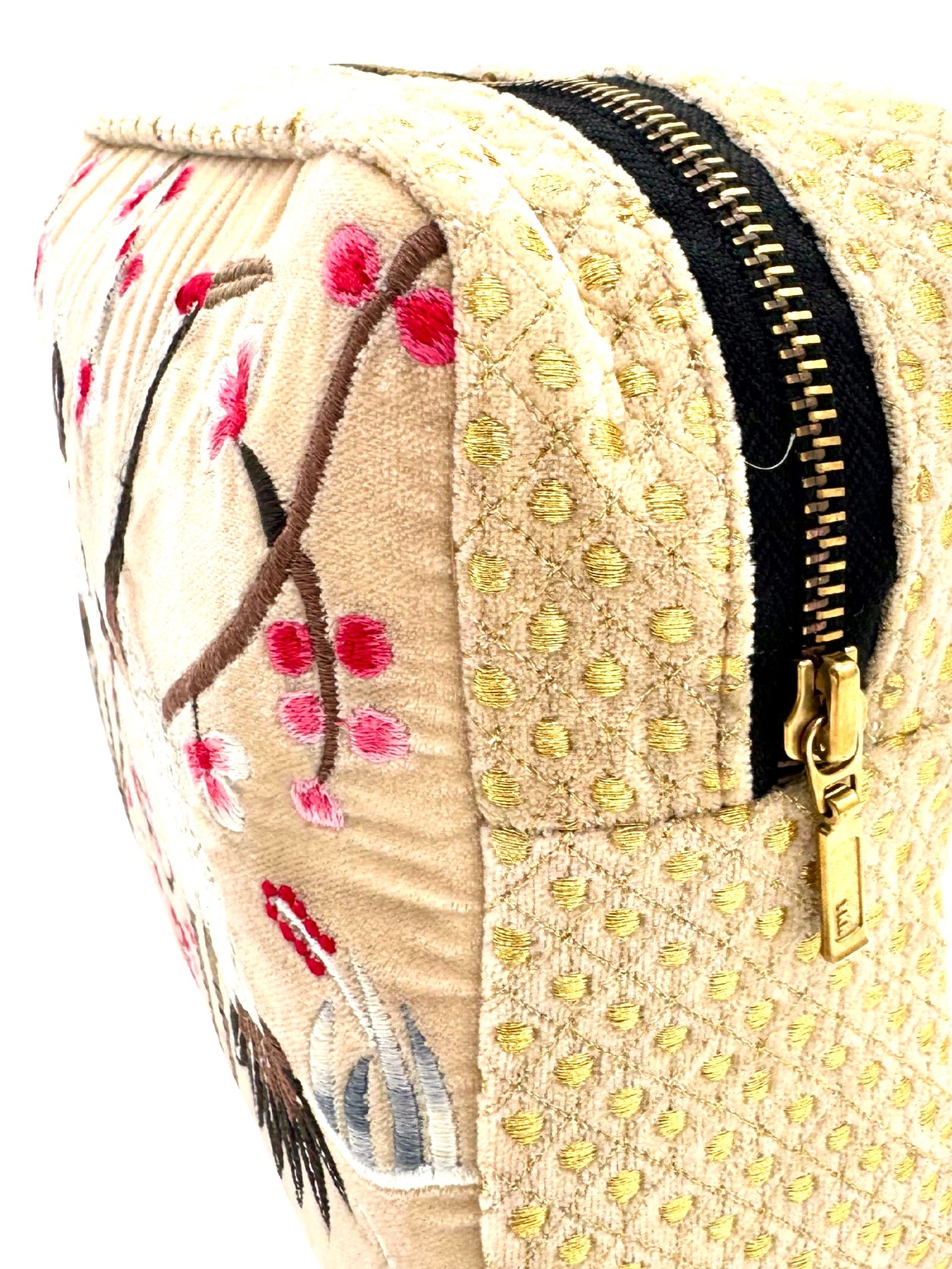 The River Luxe Pouch - Butter Cream - Quilted Embroidered Velvet Pouch