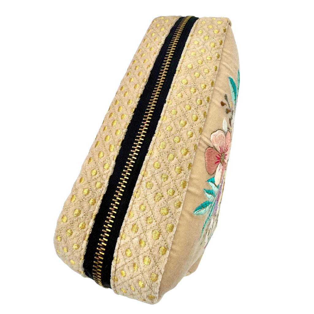 The Olivia Luxe Pouch - Butter Cream - Quilted Embroidered Velvet Pouch