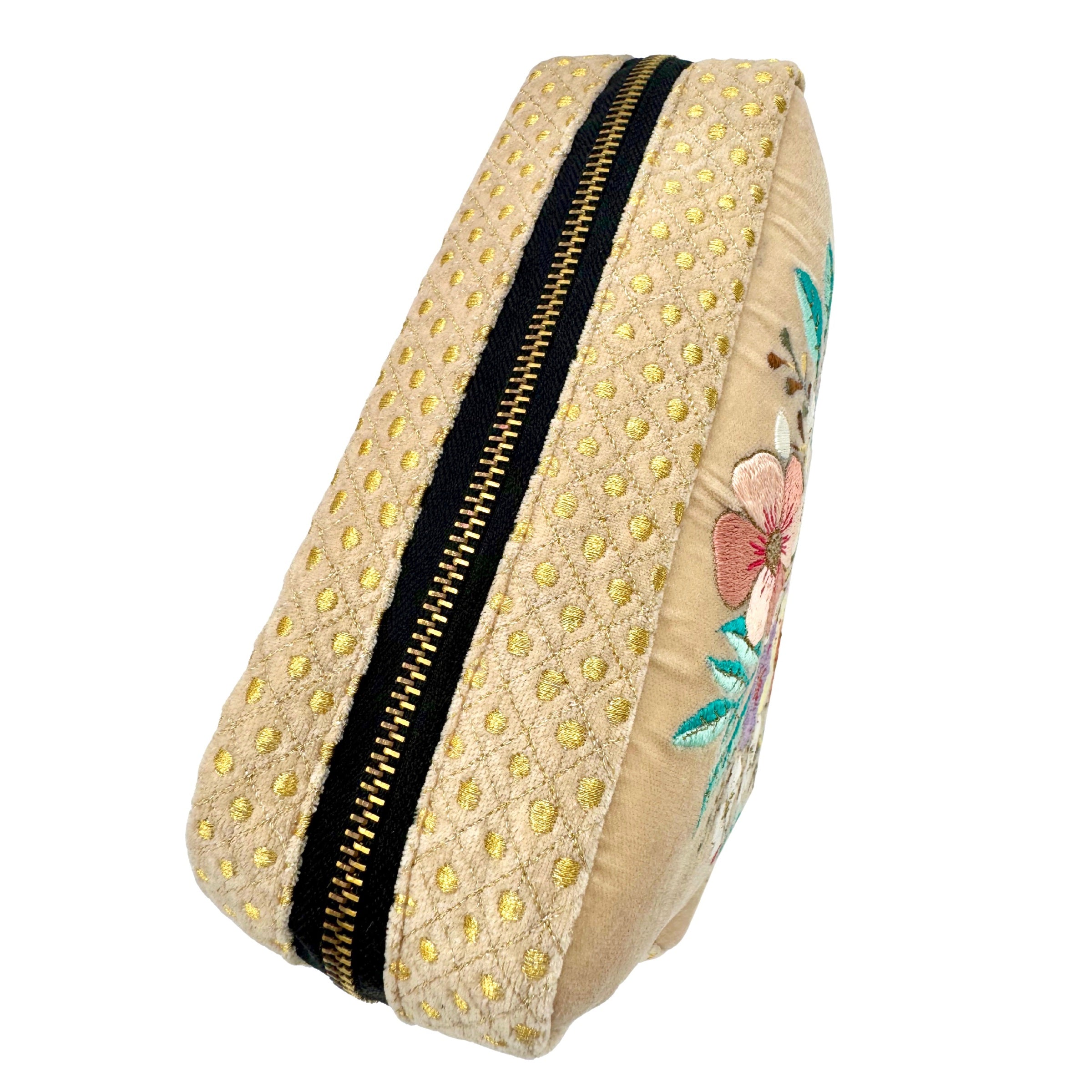 The Olivia Luxe Pouch - Butter Cream - Quilted Embroidered Velvet Pouch