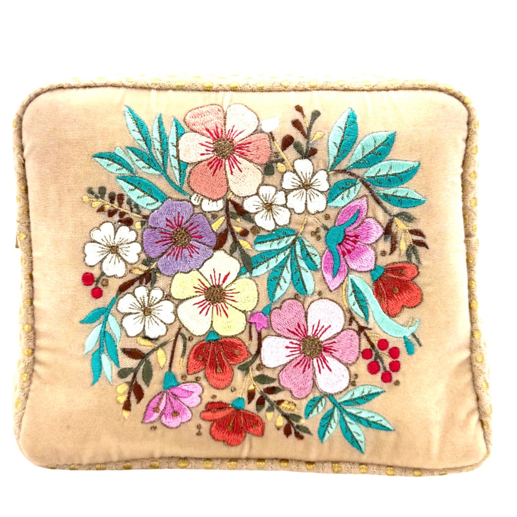 The Olivia Luxe Pouch - Butter Cream - Quilted Embroidered Velvet Pouch