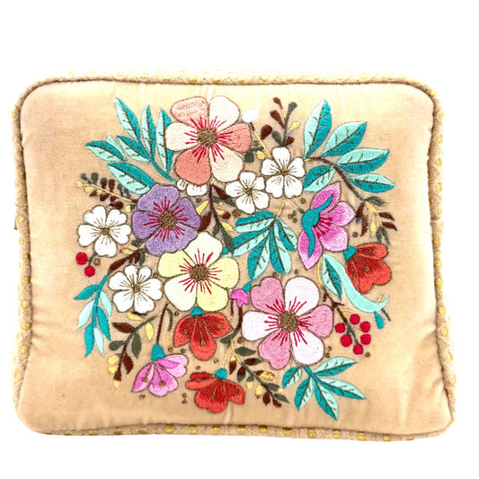 The Olivia Luxe Pouch - Butter Cream - Quilted Embroidered Velvet Pouch