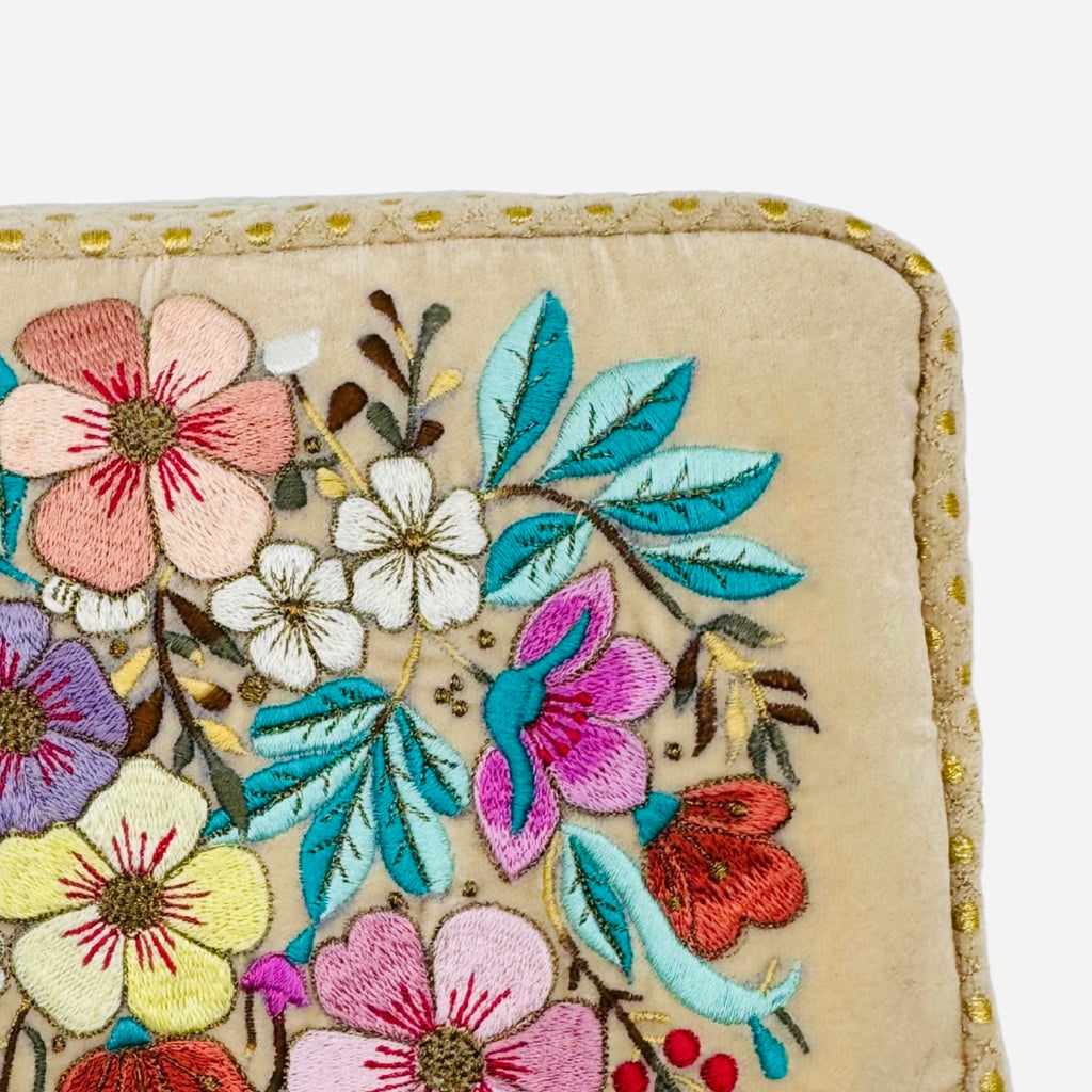 The Olivia Luxe Pouch - Butter Cream - Quilted Embroidered Velvet Pouch