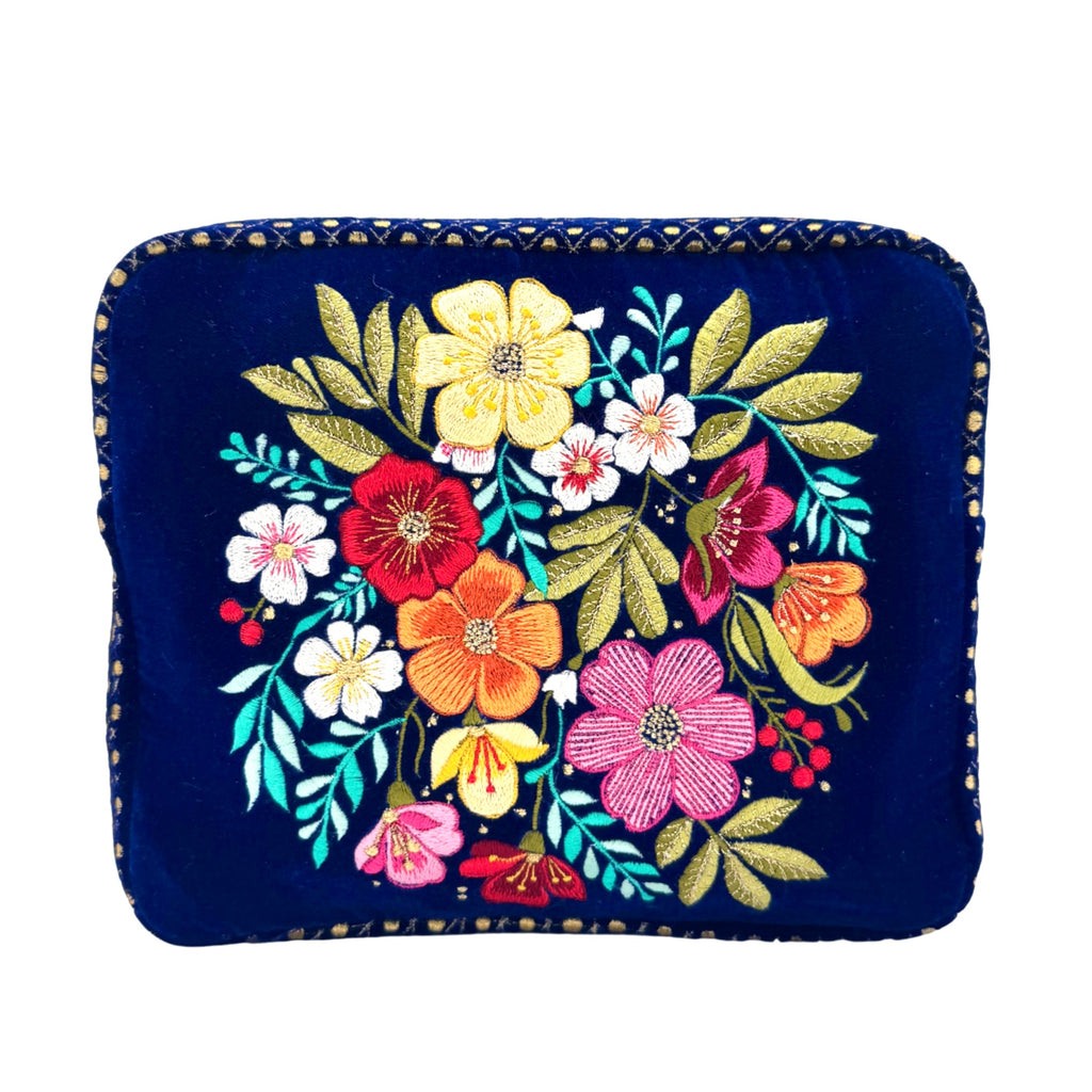 The Olivia Luxe Pouch - Blue - Quilted Embroidered Velvet Pouch