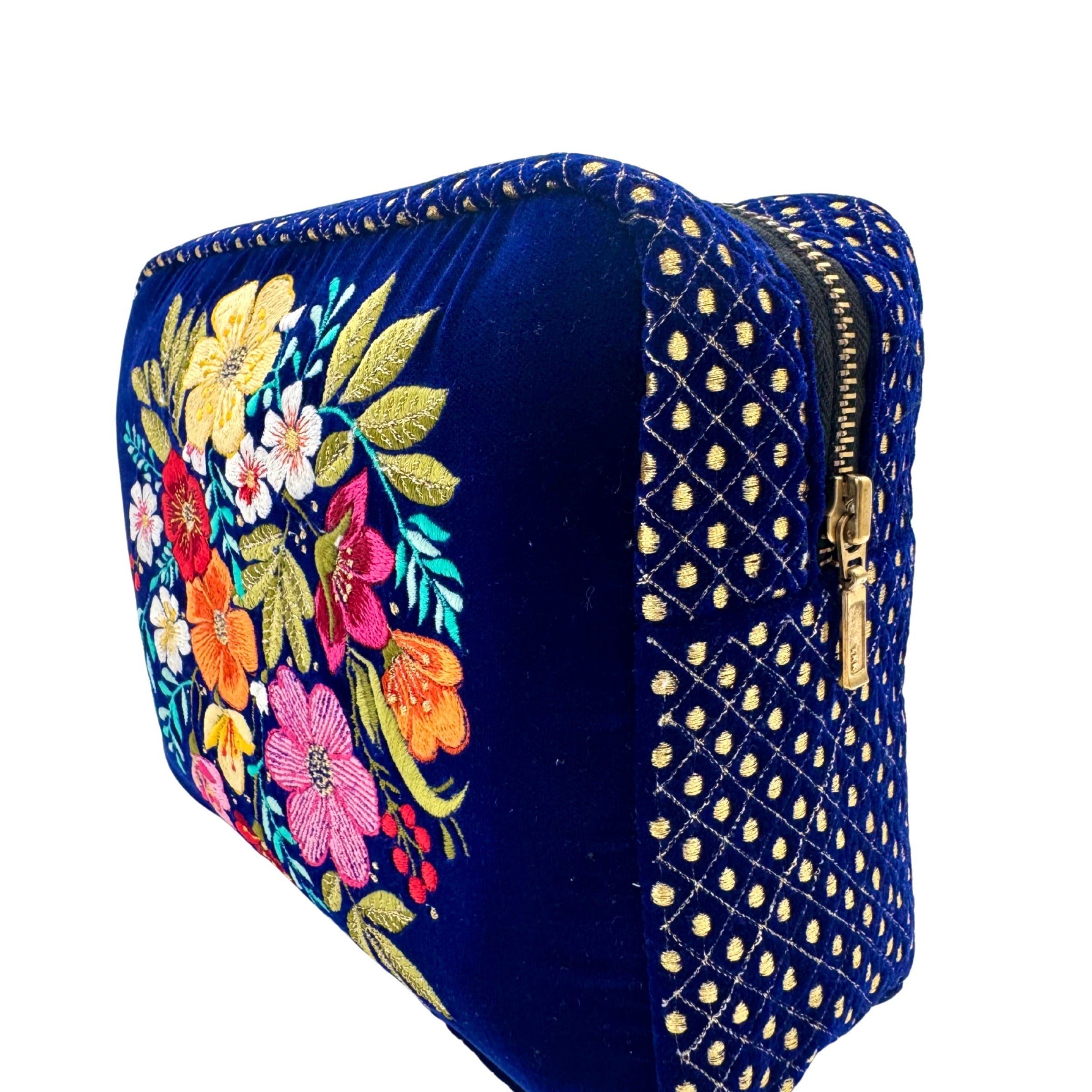 The Olivia Luxe Pouch - Blue - Quilted Embroidered Velvet Pouch