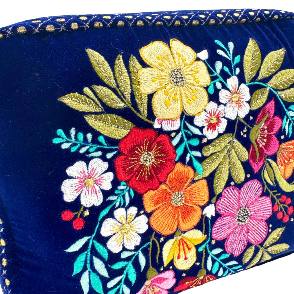 The Olivia Luxe Pouch - Blue - Quilted Embroidered Velvet Pouch