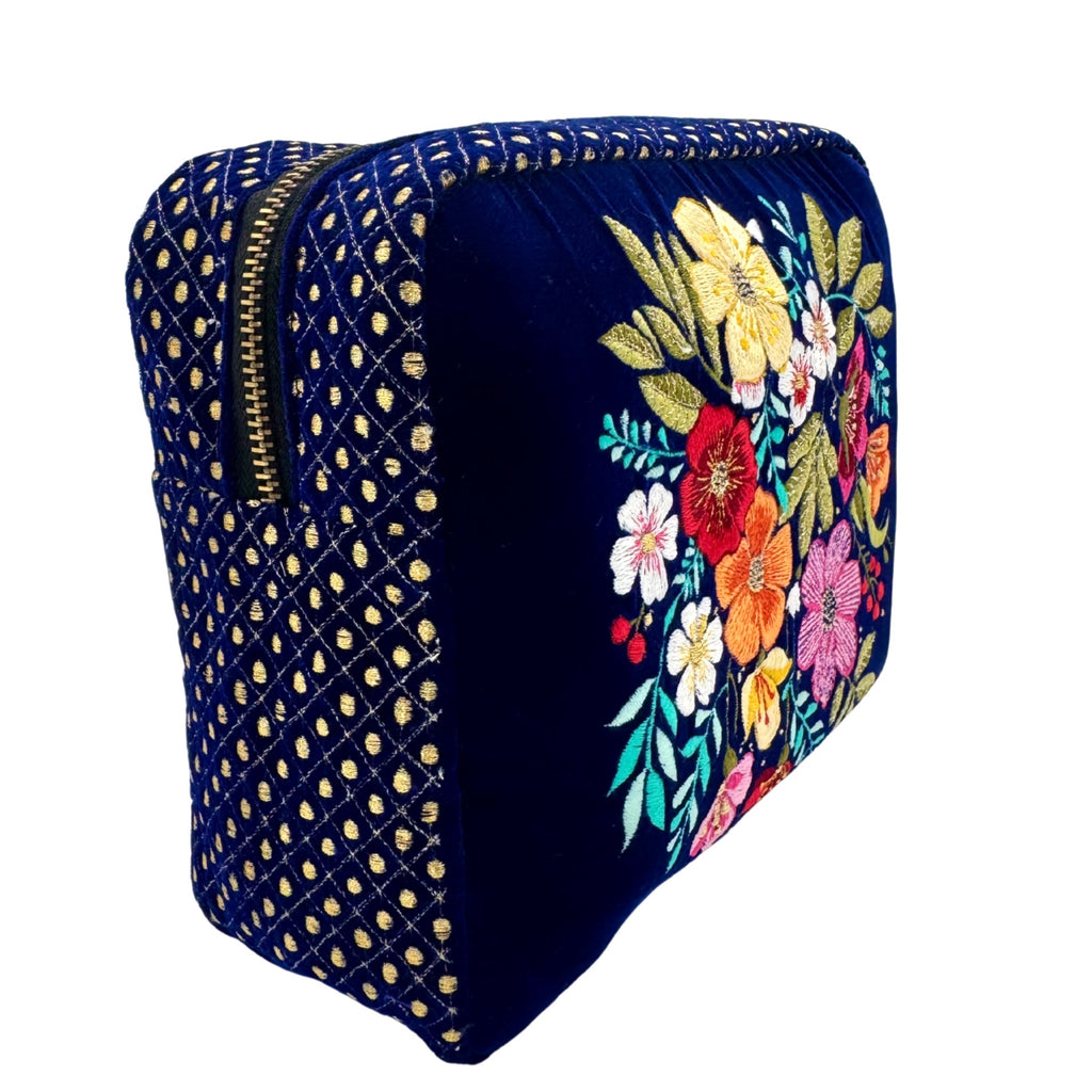 The Olivia Luxe Pouch - Blue - Quilted Embroidered Velvet Pouch