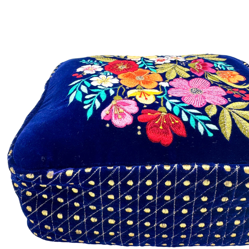 The Olivia Luxe Pouch - Blue - Quilted Embroidered Velvet Pouch