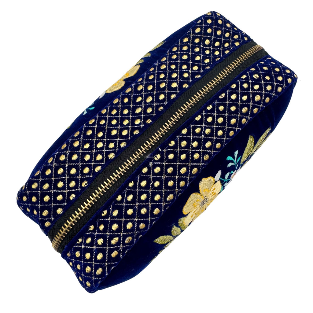 The Olivia Luxe Pouch - Blue - Quilted Embroidered Velvet Pouch