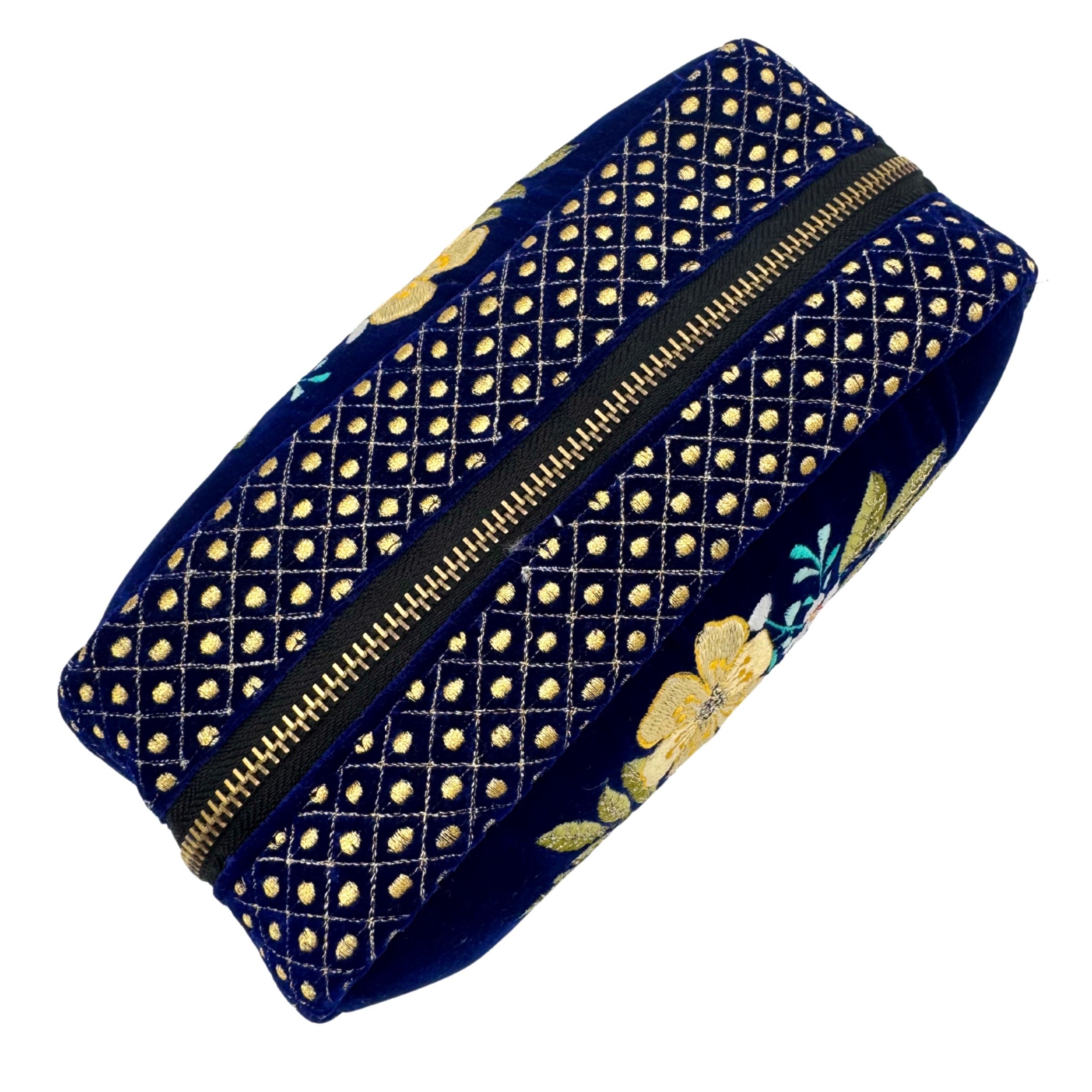 The Olivia Luxe Pouch - Blue - Quilted Embroidered Velvet Pouch