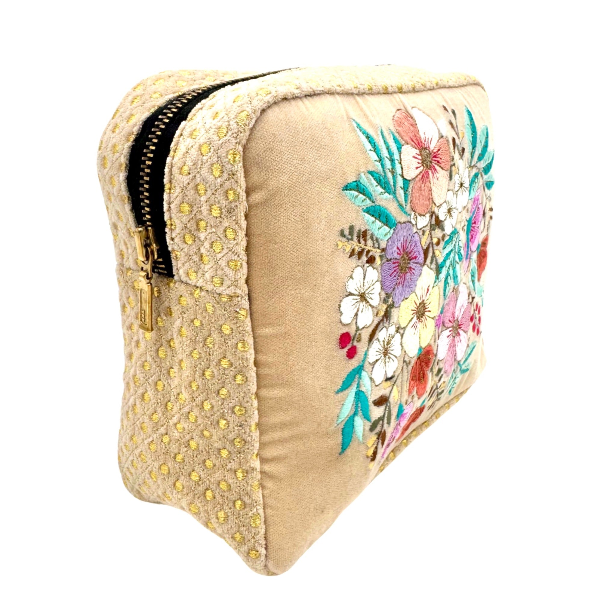 The Olivia Luxe Pouch - Butter Cream - Quilted Embroidered Velvet Pouch