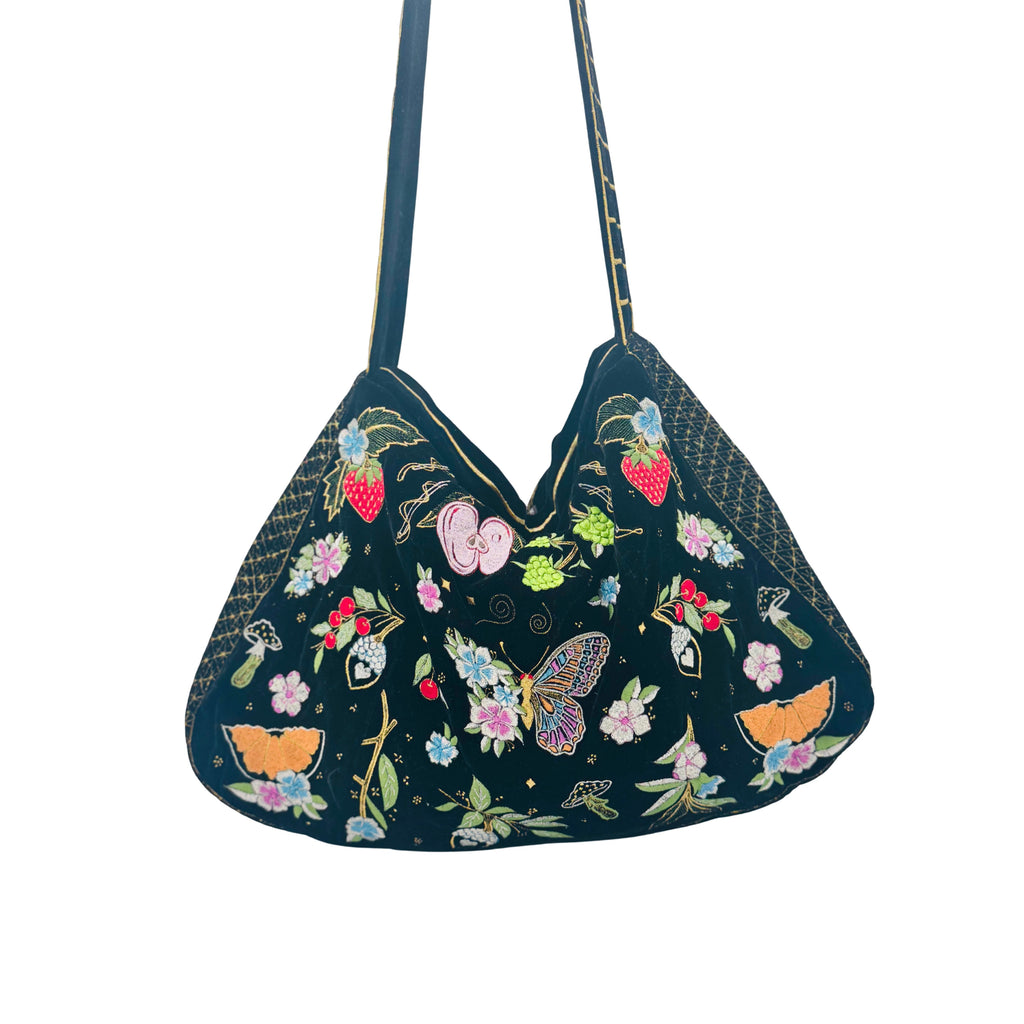 The Valentina Luxe Hobo - Midnight Black Embroidered Velvet Hobo Bag