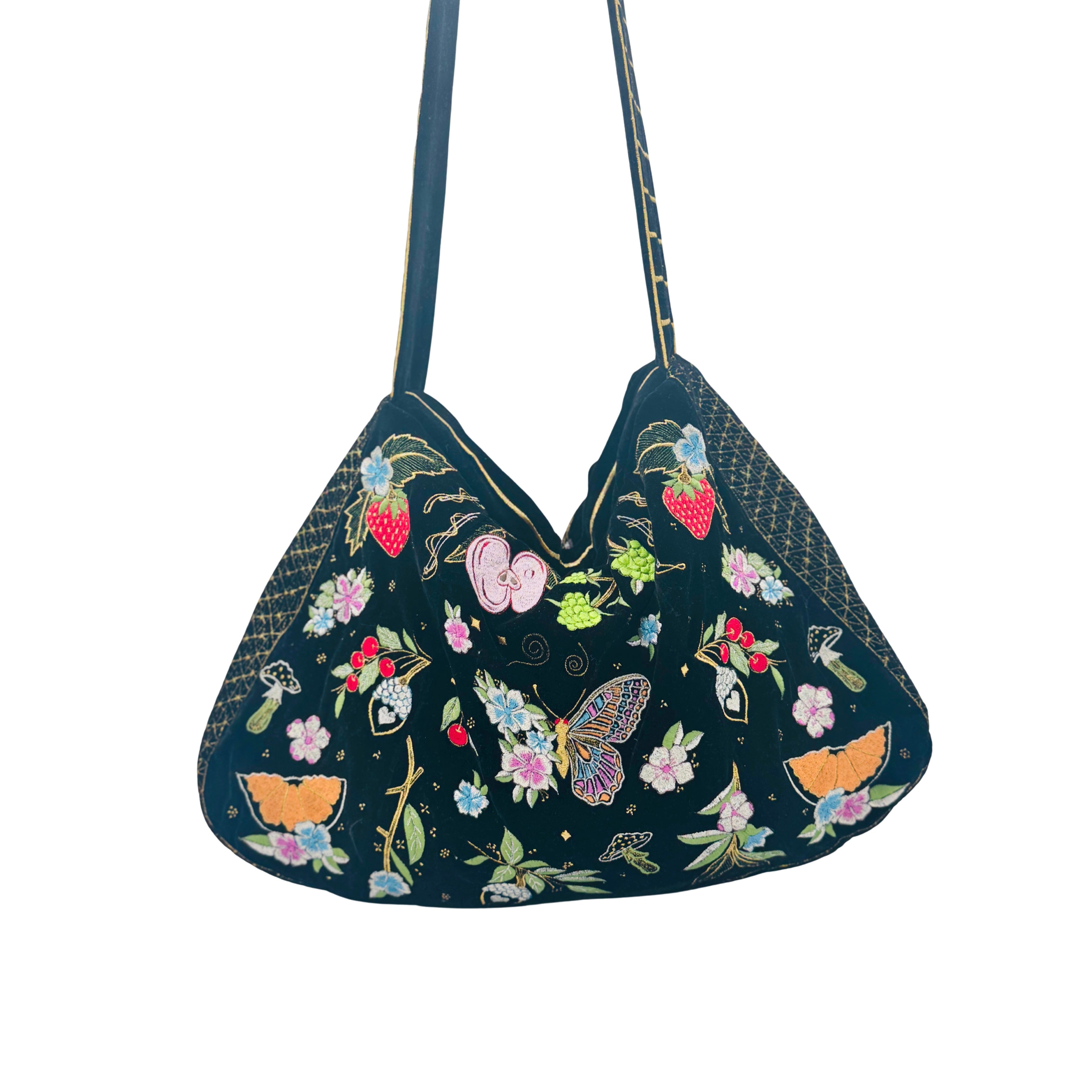 The Valentina Luxe Hobo - Midnight Black Embroidered Velvet Hobo Bag