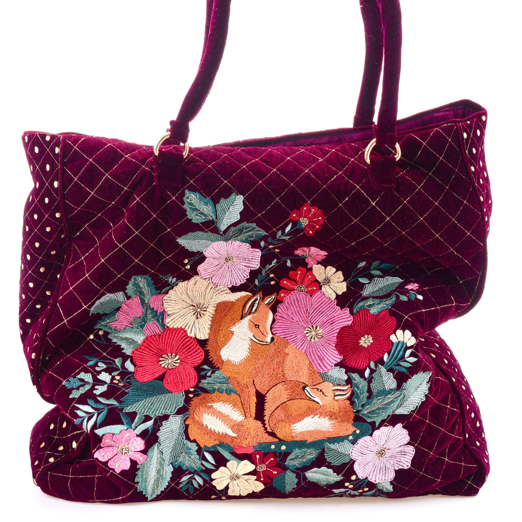 The Savannah Luxe Tote - Cherry Red - Oversized Embroidered Velvet Tote