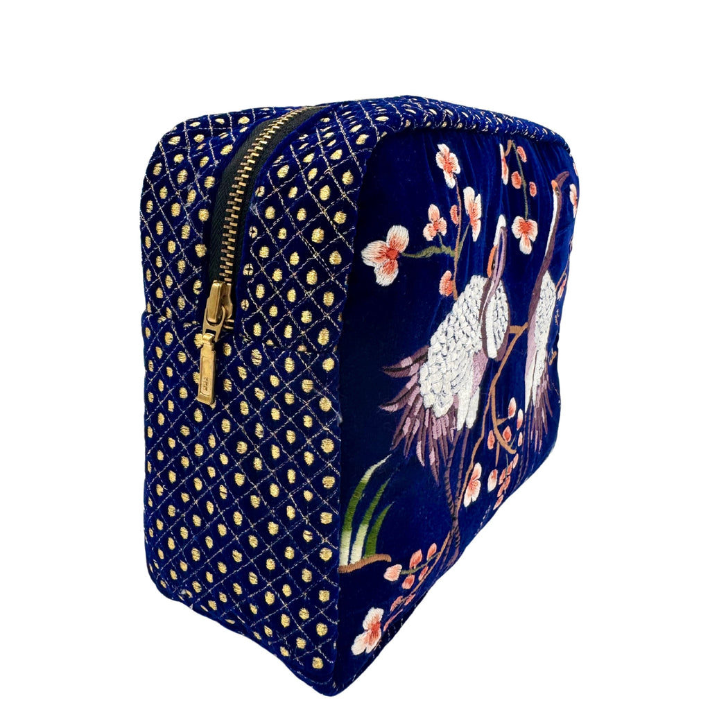 The River Luxe Pouch - Deep Blue - Embroidered Quilted Velvet Pouch
