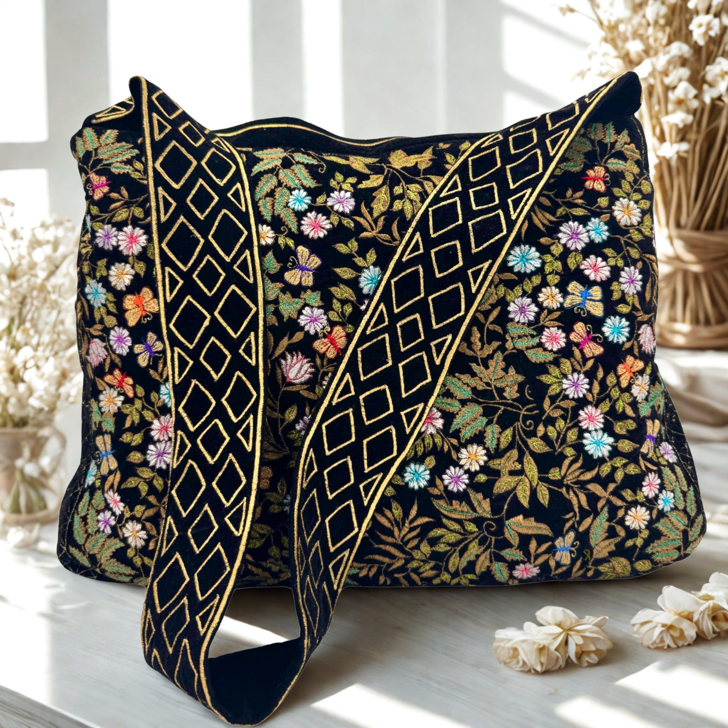 The Seraphina Luxe Tote - Embroidered Velvet Tote Bag