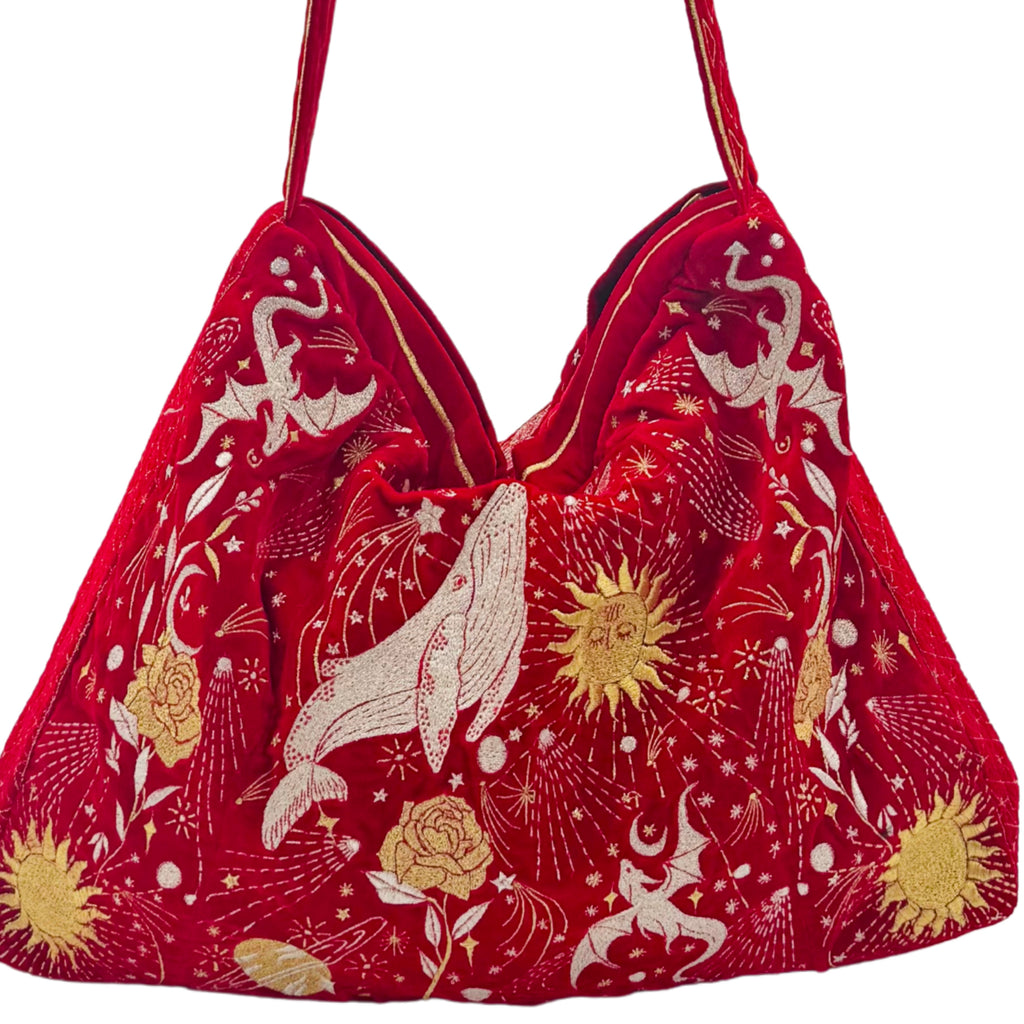 The Sitara Luxe Tote - Red Embroidered Velvet Tote Bag