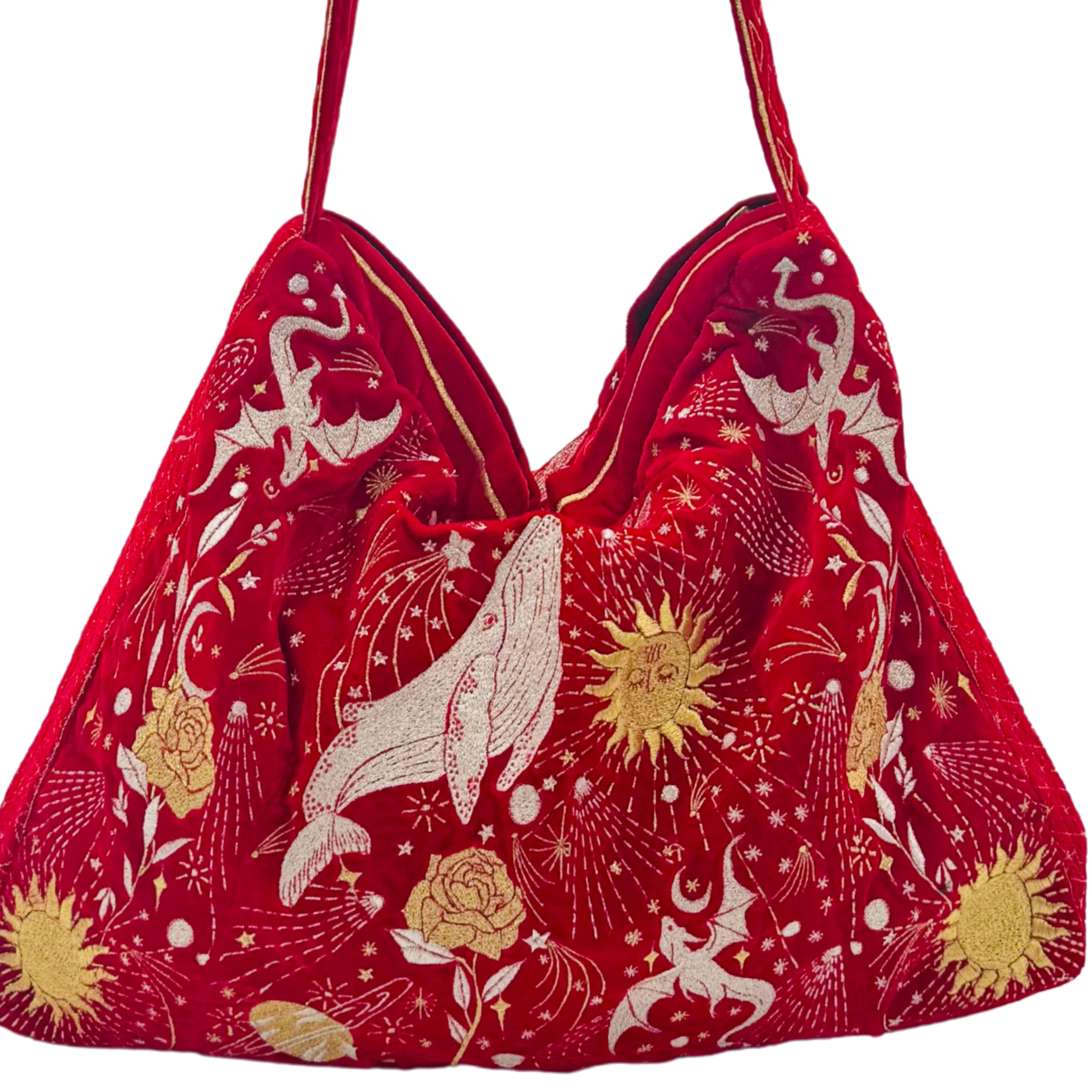 The Sitara Luxe Tote - Red Embroidered Velvet Tote Bag
