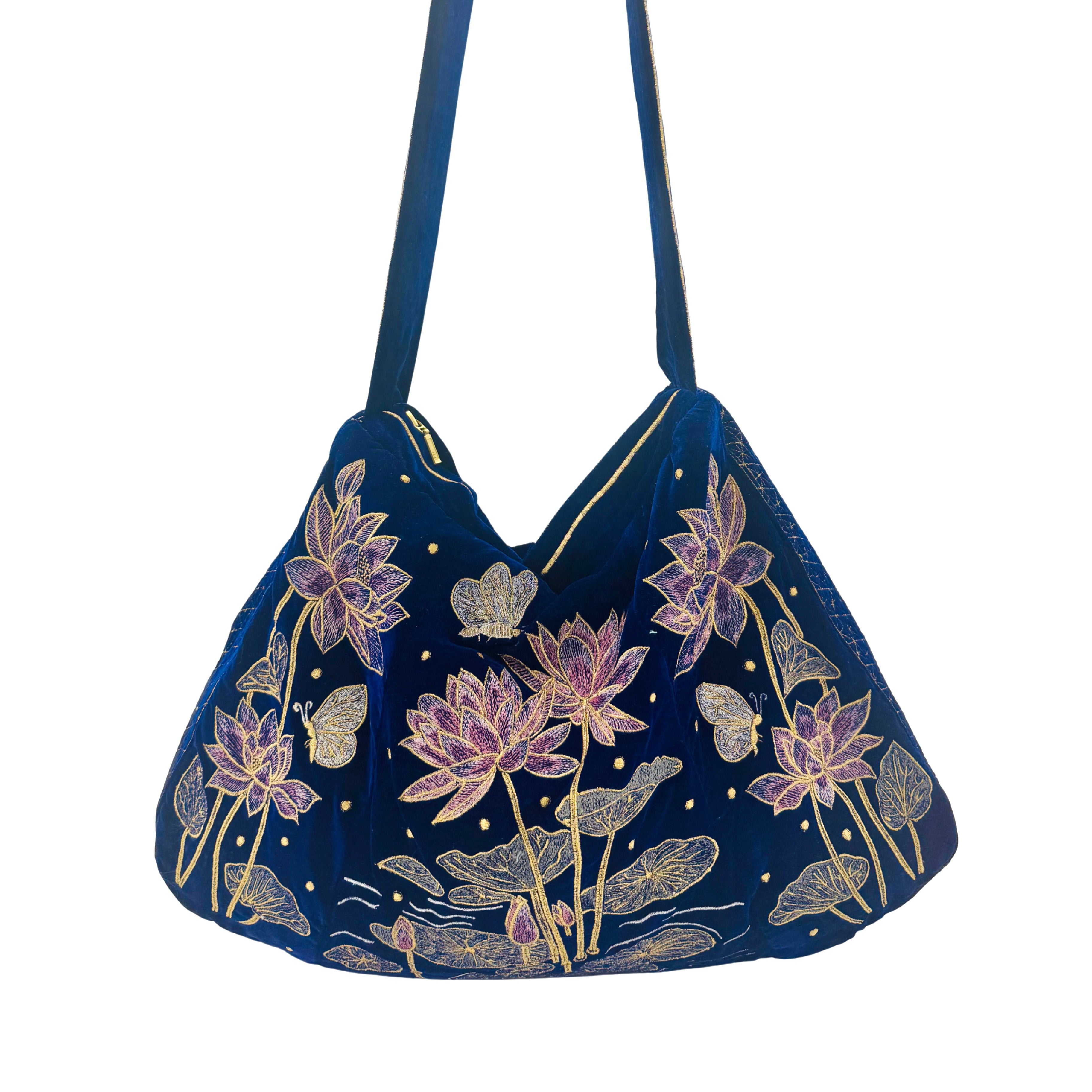 The Marceline Hobo - Inky Blue Embroidered Velvet Bag
