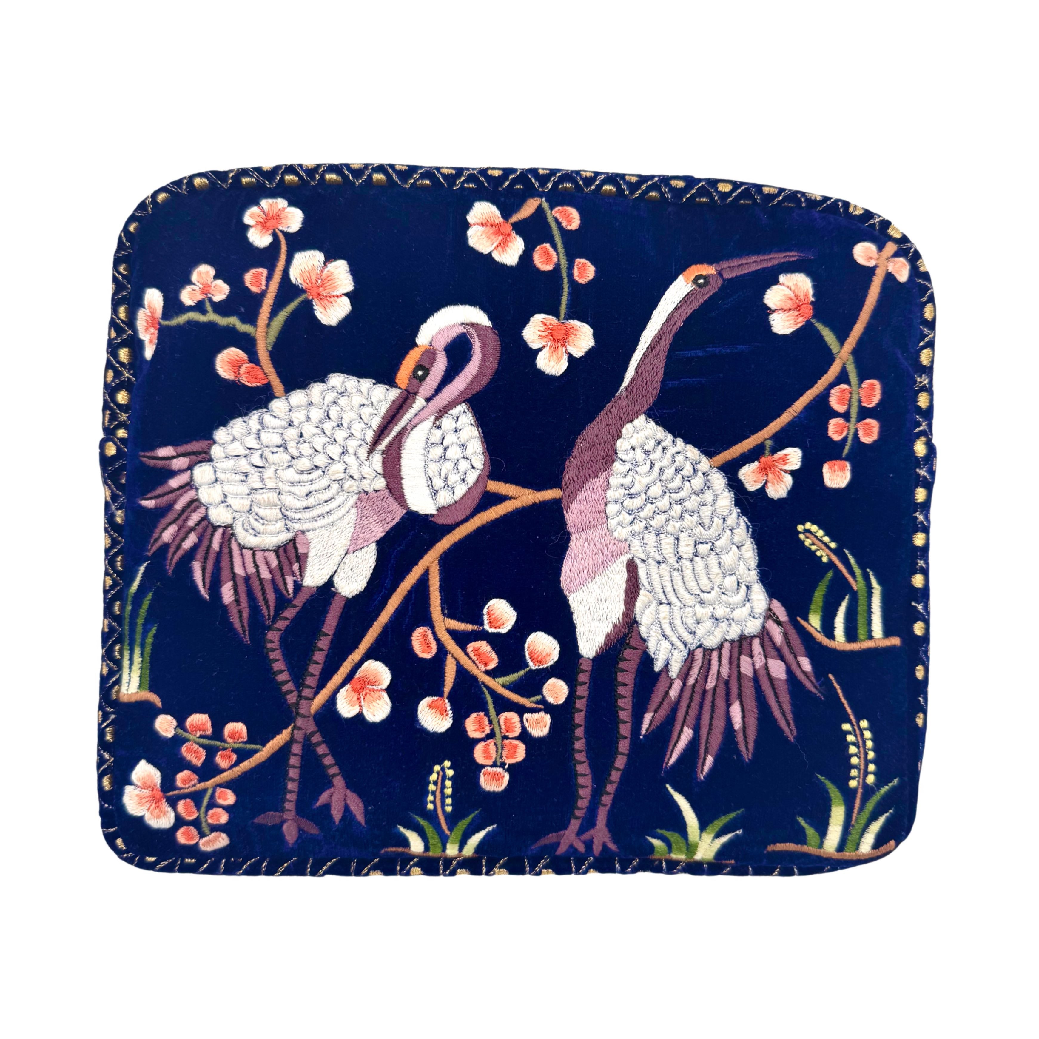 The River Luxe Pouch - Deep Blue - Embroidered Quilted Velvet Pouch