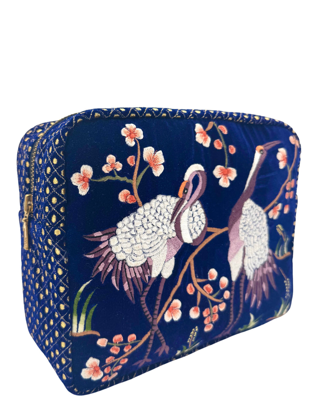 The River Luxe Pouch - Deep Blue - Embroidered Quilted Velvet Pouch