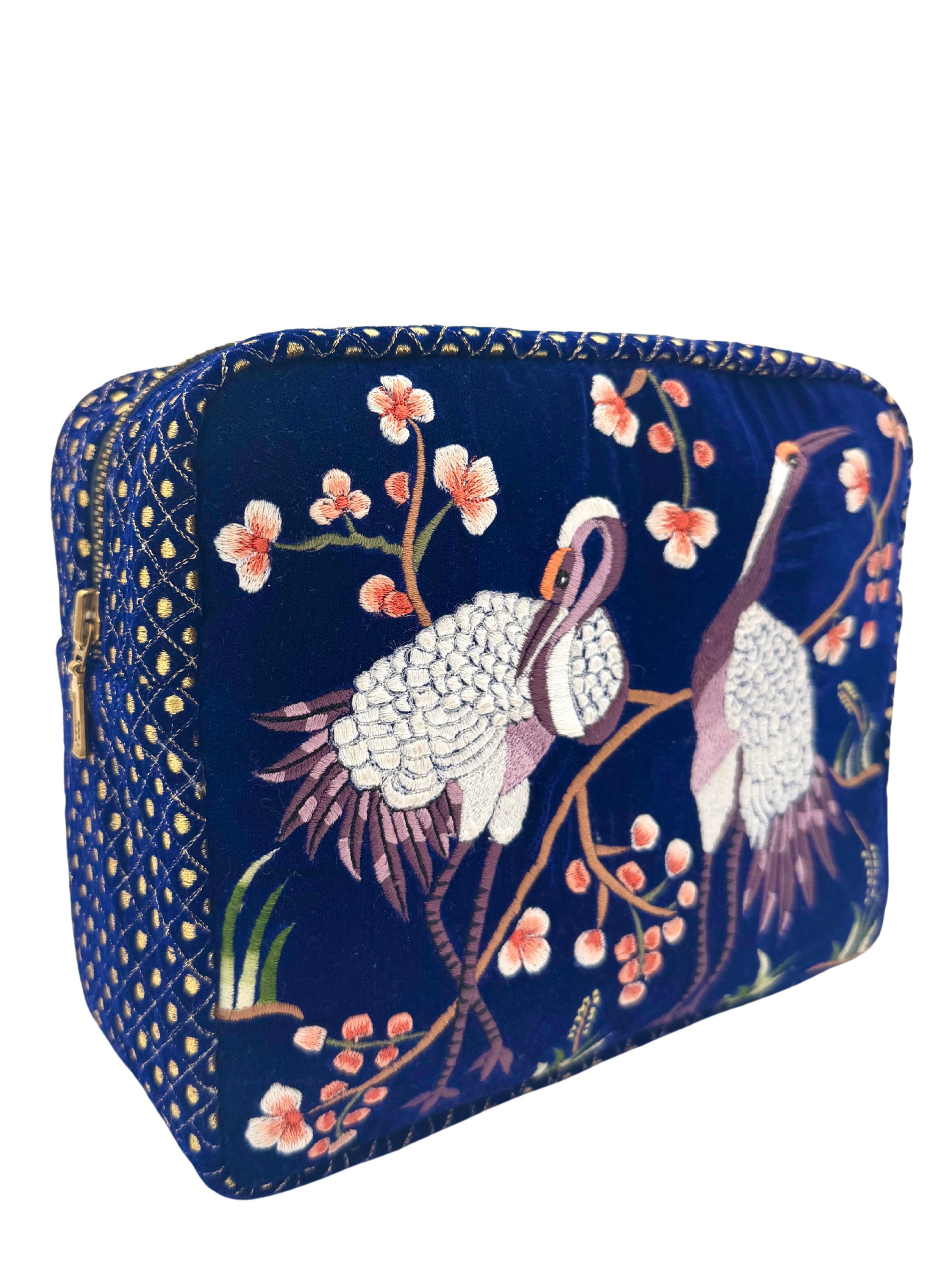 The River Luxe Pouch - Deep Blue - Embroidered Quilted Velvet Pouch