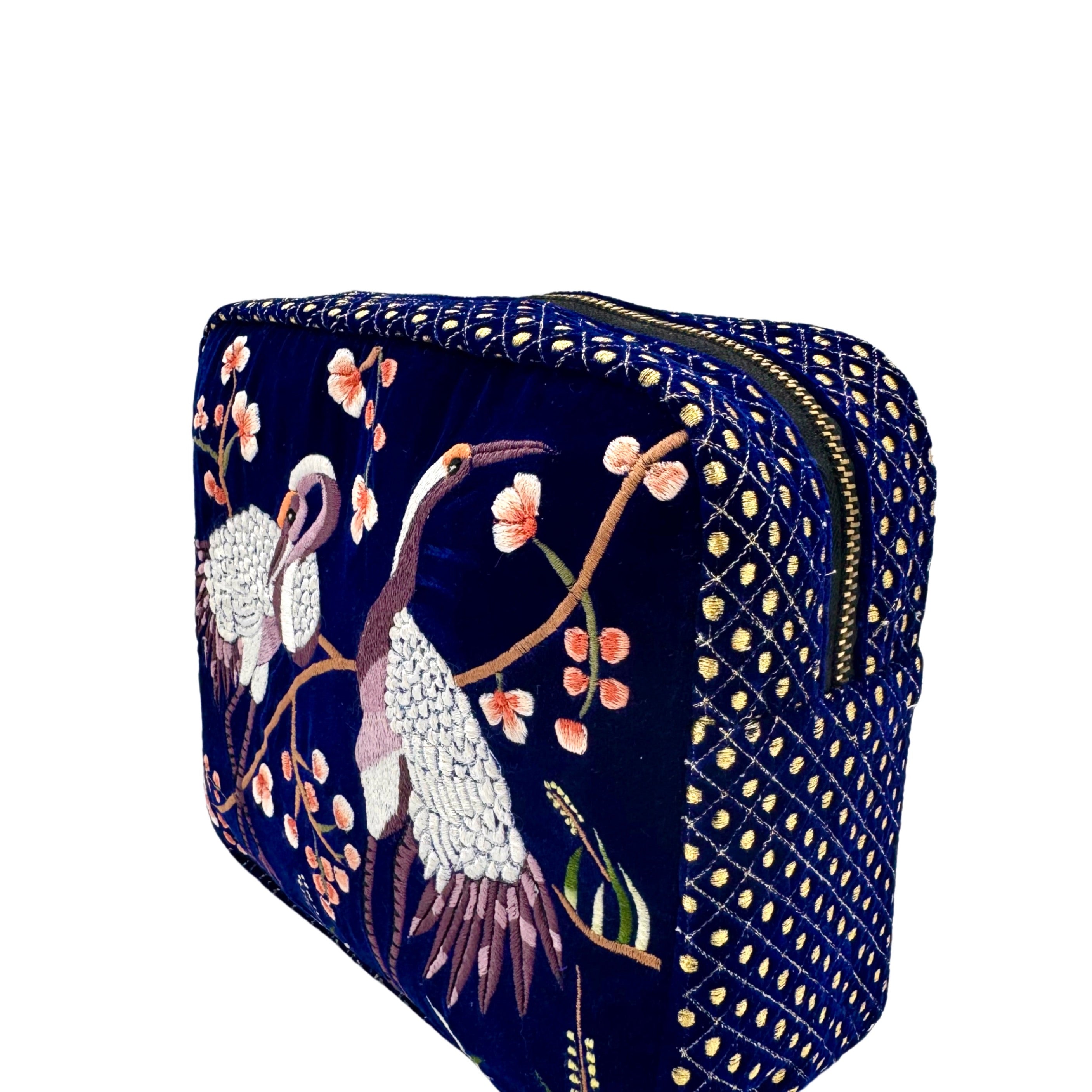 The River Luxe Pouch - Deep Blue - Embroidered Quilted Velvet Pouch