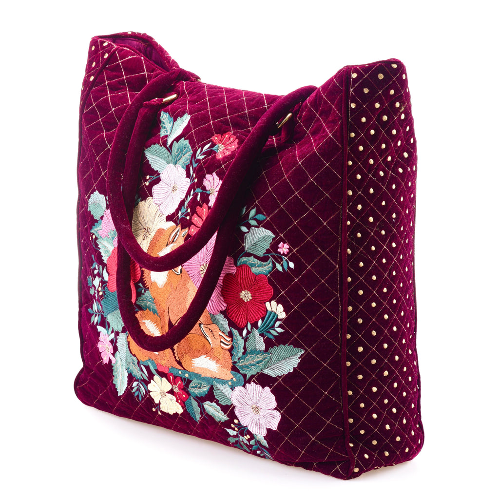 The Savannah Luxe Tote - Cherry Red - Oversized Embroidered Velvet Tote
