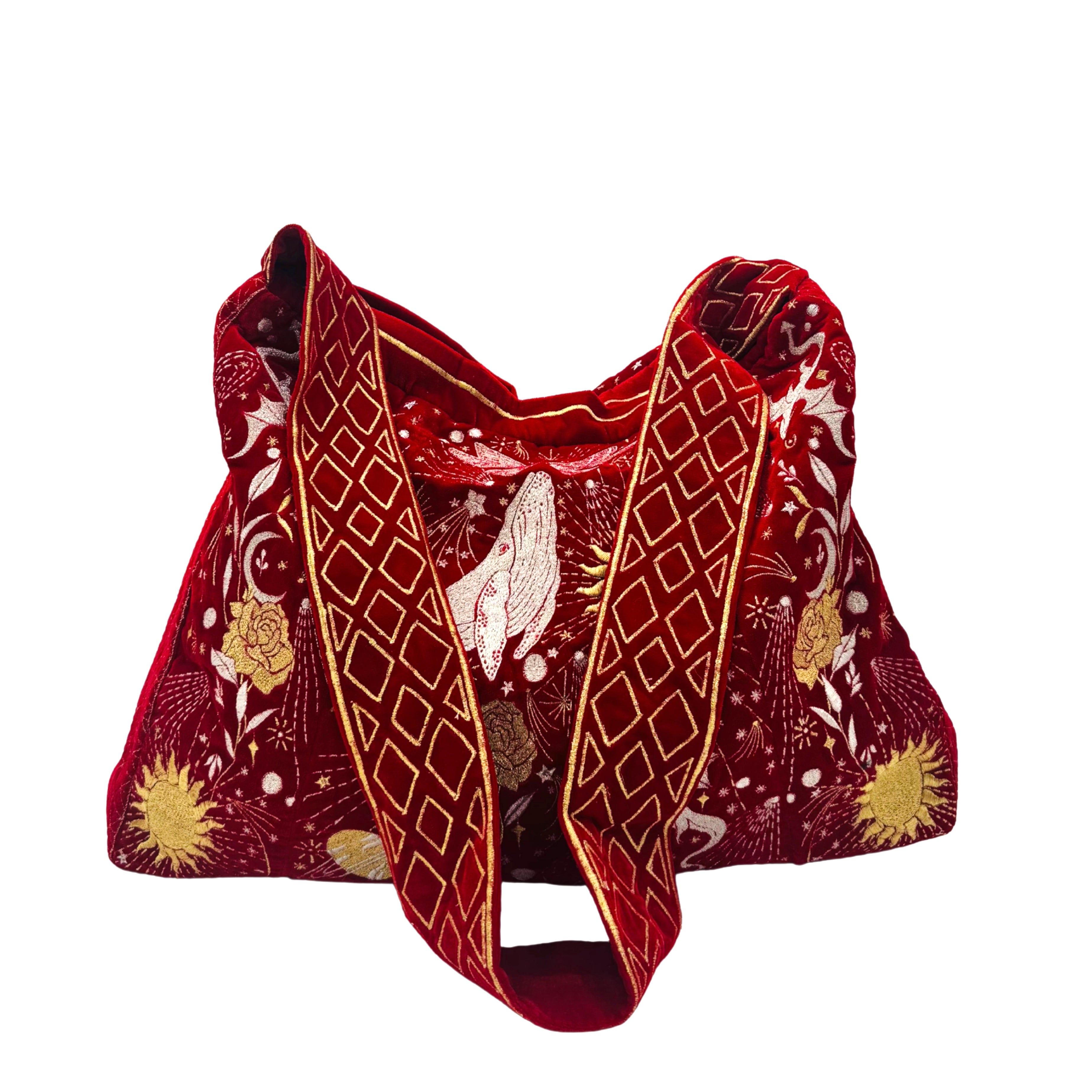 The Sitara Luxe Tote - Red Embroidered Velvet Tote Bag