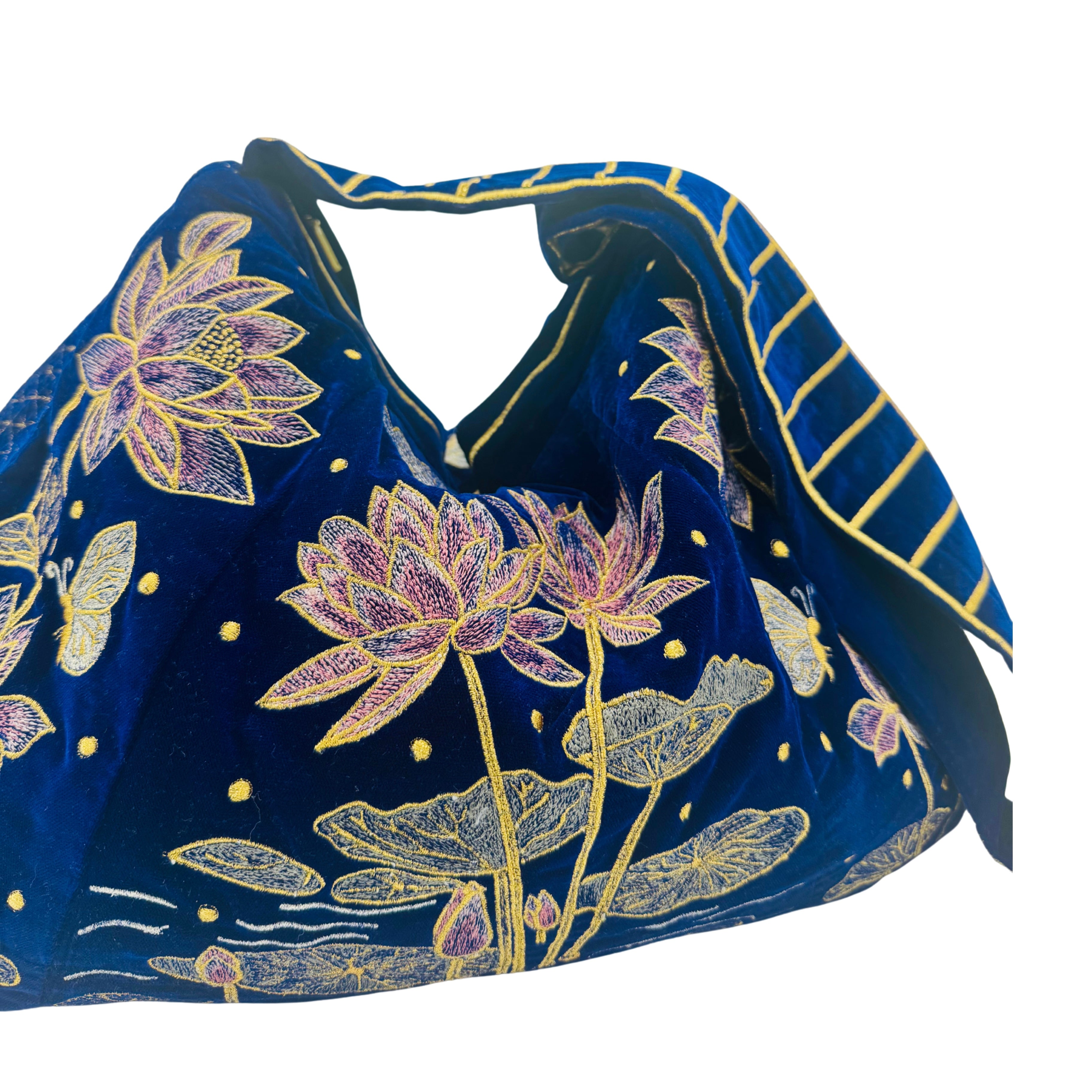 The Marceline Hobo - Inky Blue Embroidered Velvet Bag