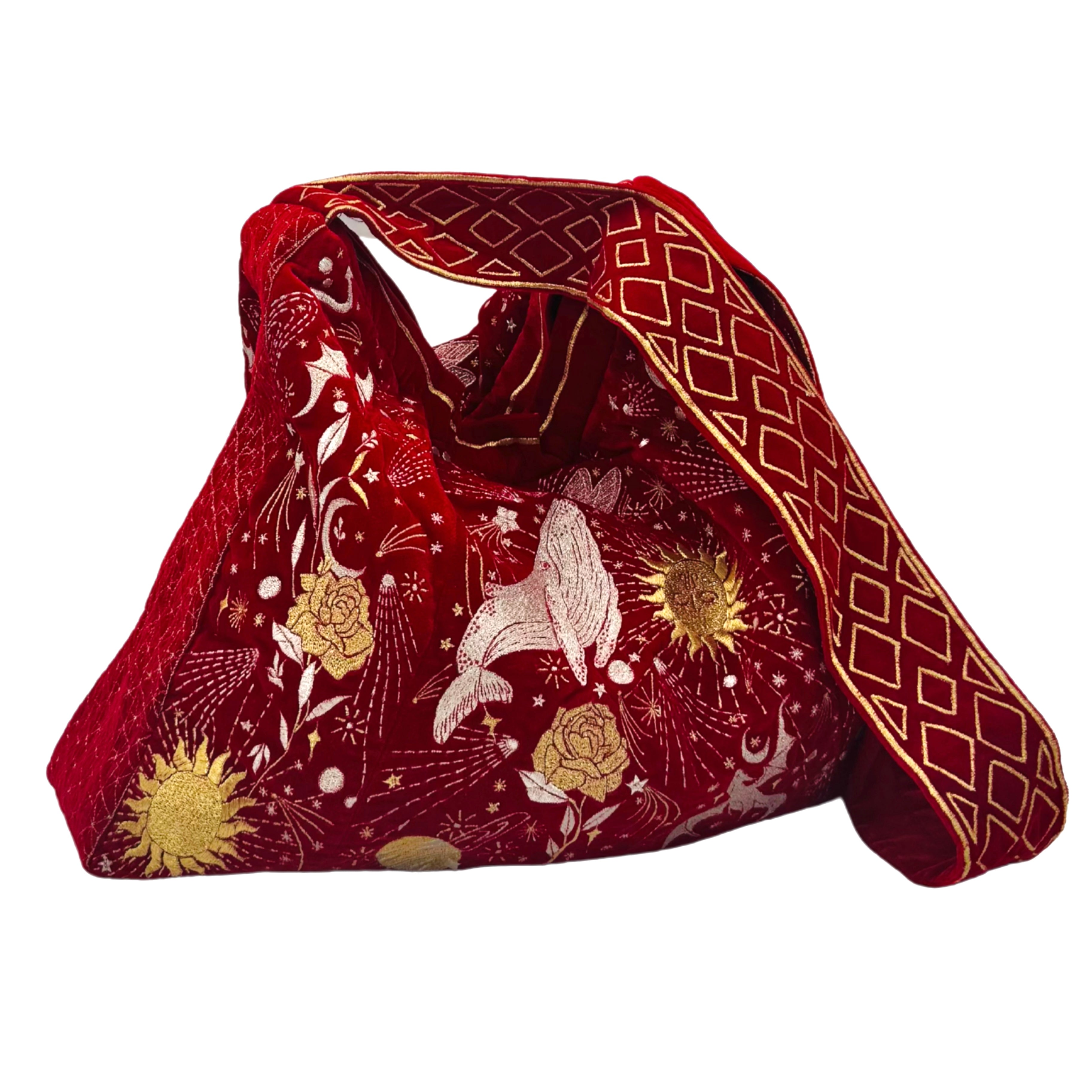 The Sitara Luxe Tote - Red Embroidered Velvet Tote Bag