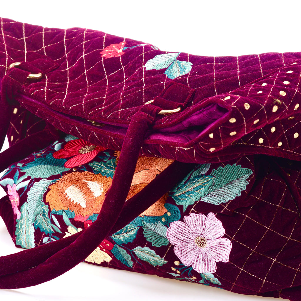 The Savannah Luxe Tote - Cherry Red - Oversized Embroidered Velvet Tote