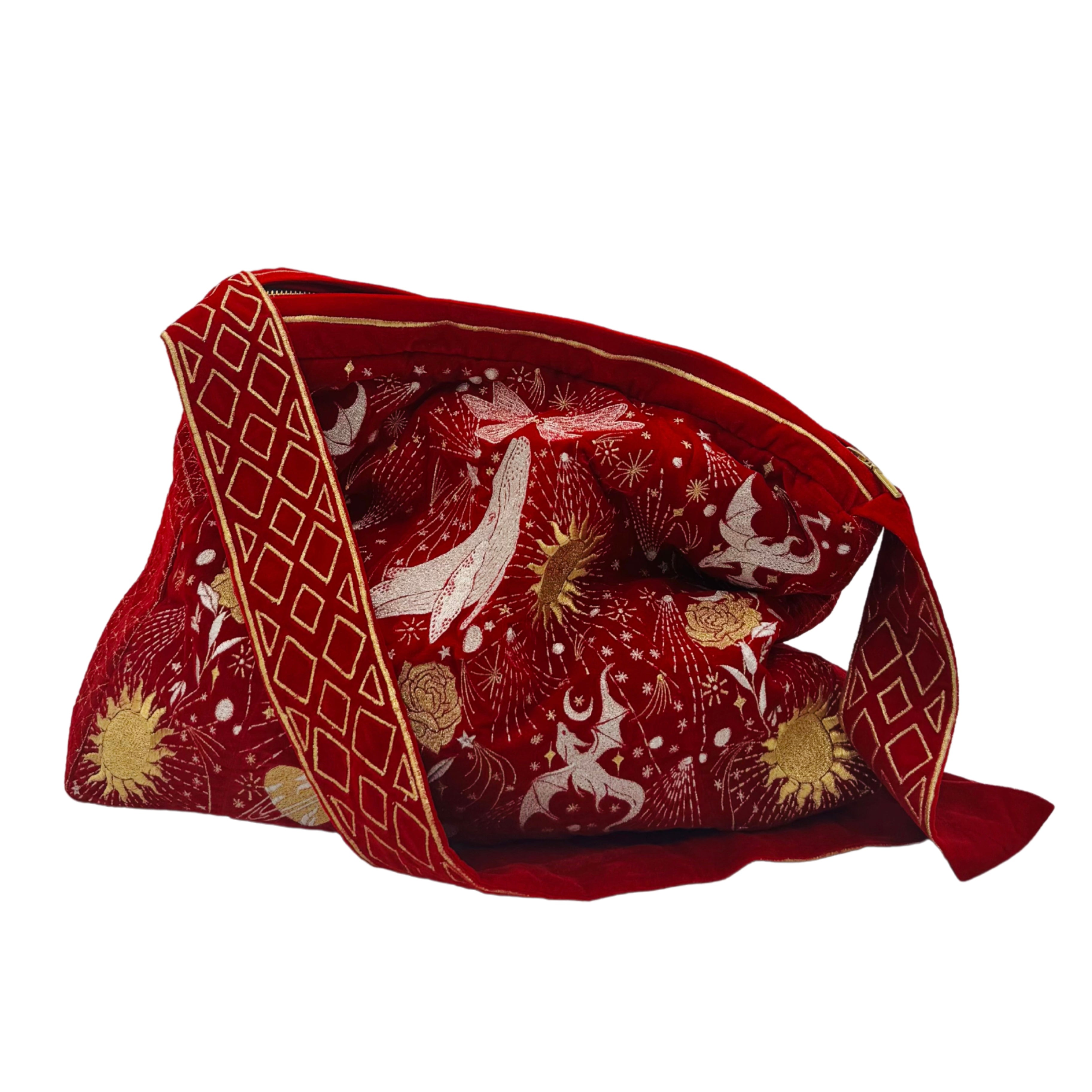 The Sitara Luxe Tote - Red Embroidered Velvet Tote Bag