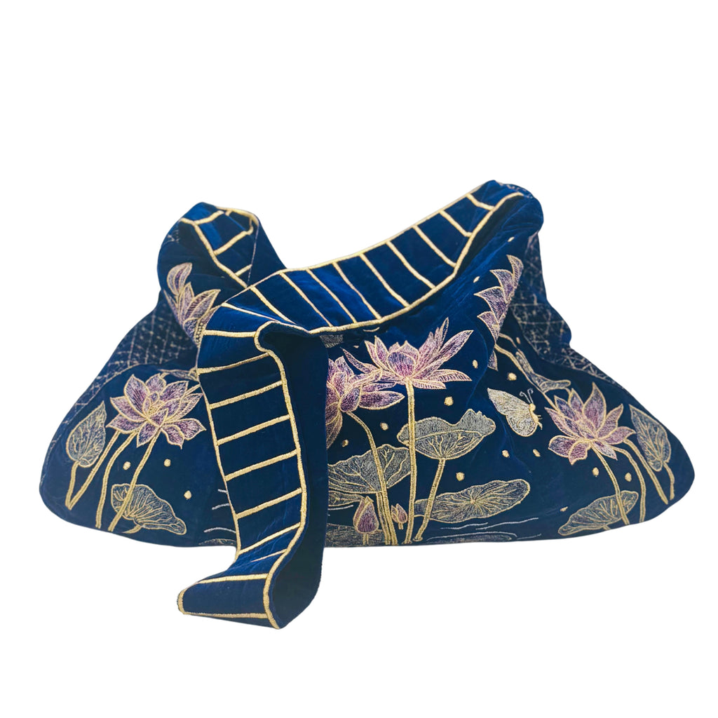 The Marceline Hobo - Inky Blue Embroidered Velvet Bag
