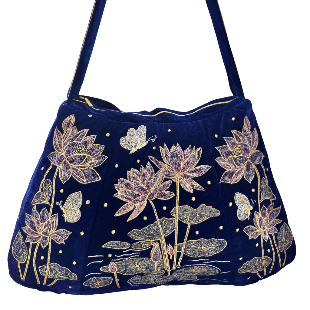 The Marceline Hobo - Inky Blue Embroidered Velvet Bag