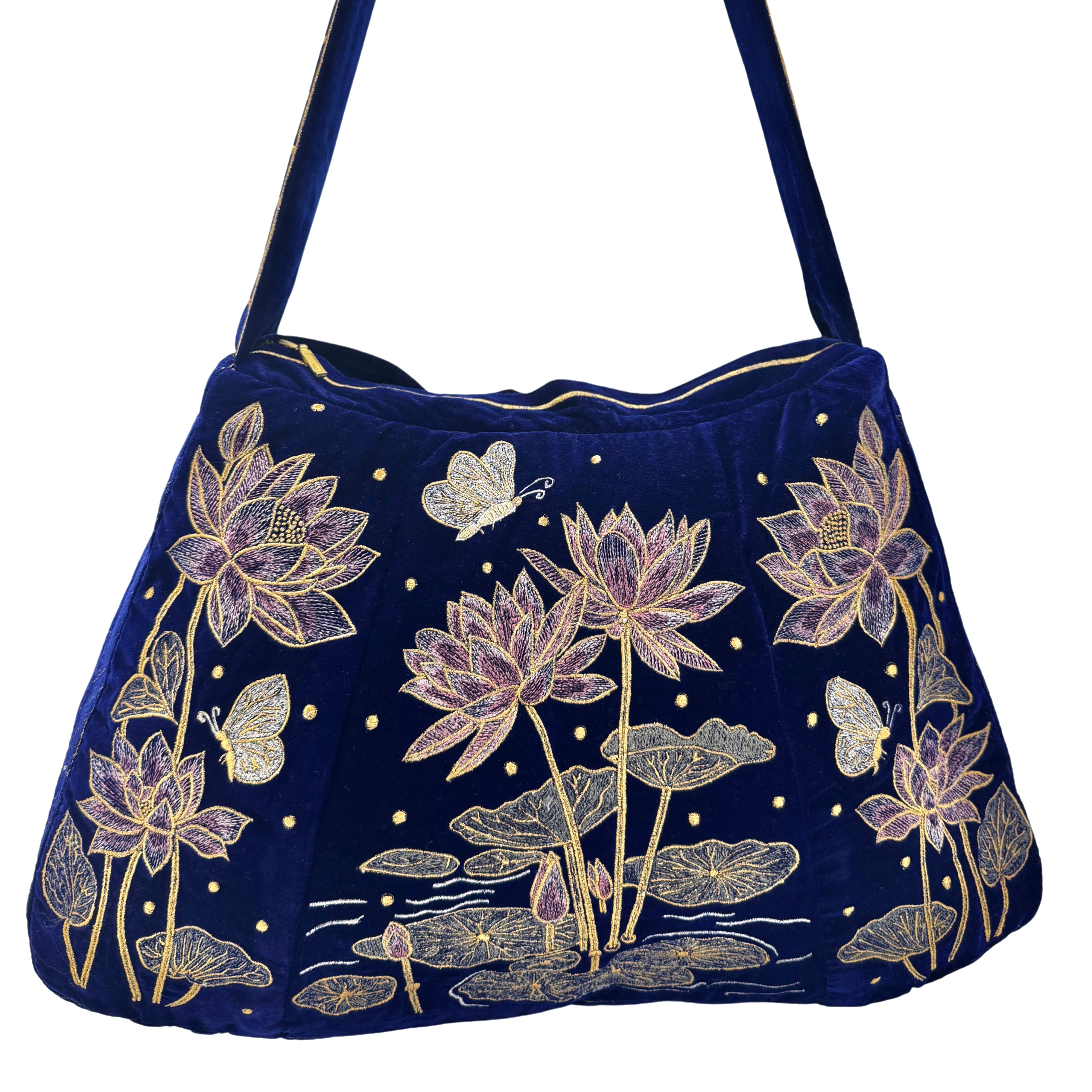 The Marceline Hobo - Inky Blue Embroidered Velvet Bag
