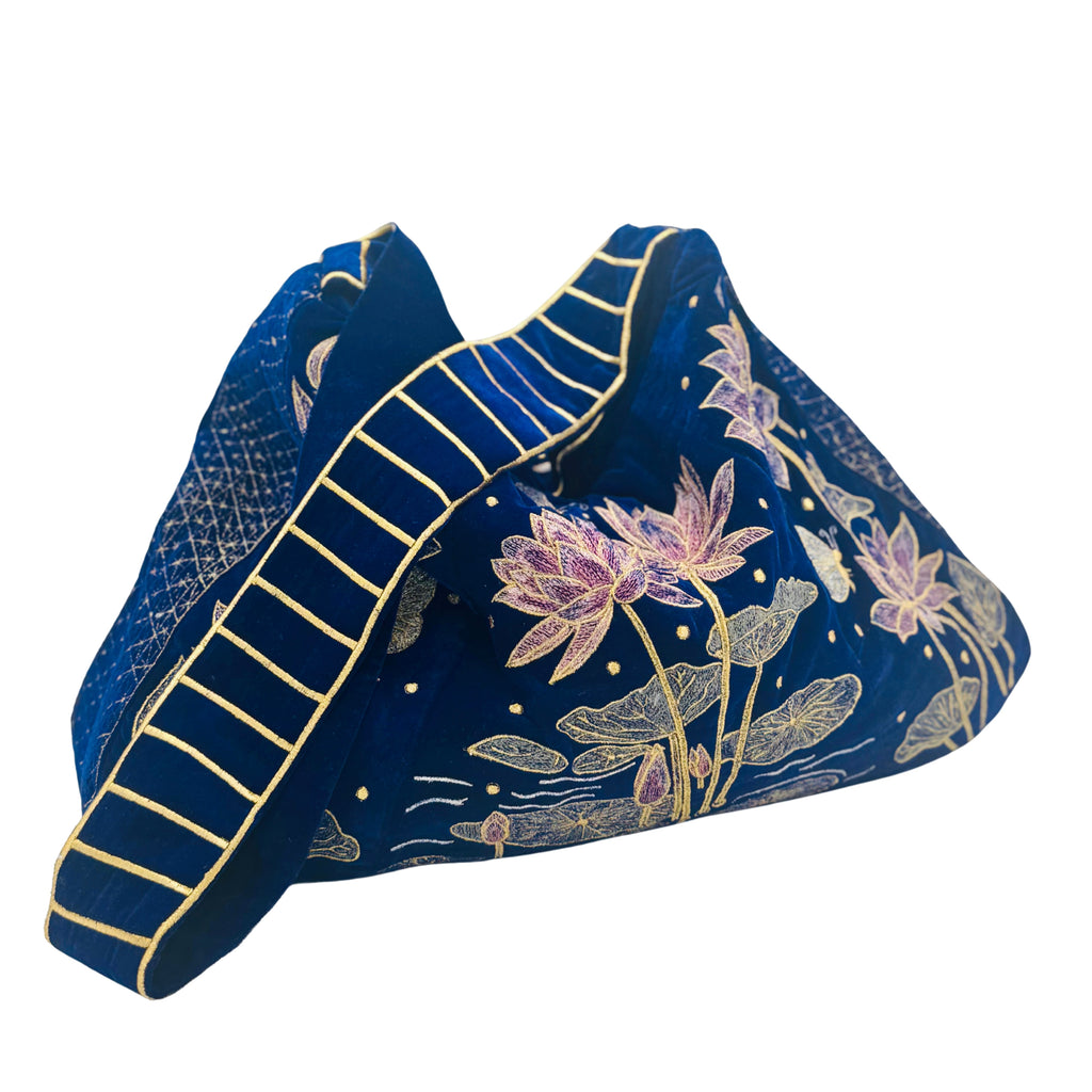 The Marceline Hobo - Inky Blue Embroidered Velvet Bag