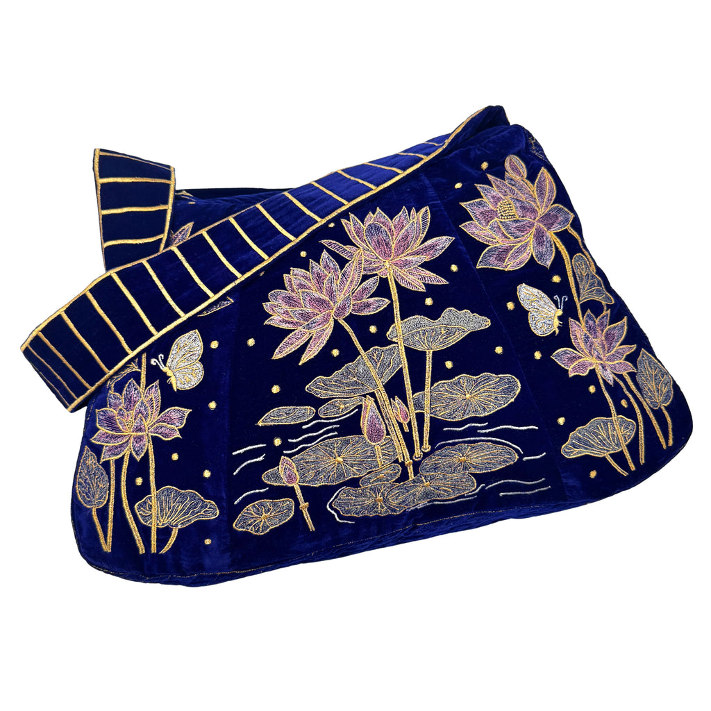 The Marceline Hobo - Inky Blue Embroidered Velvet Bag